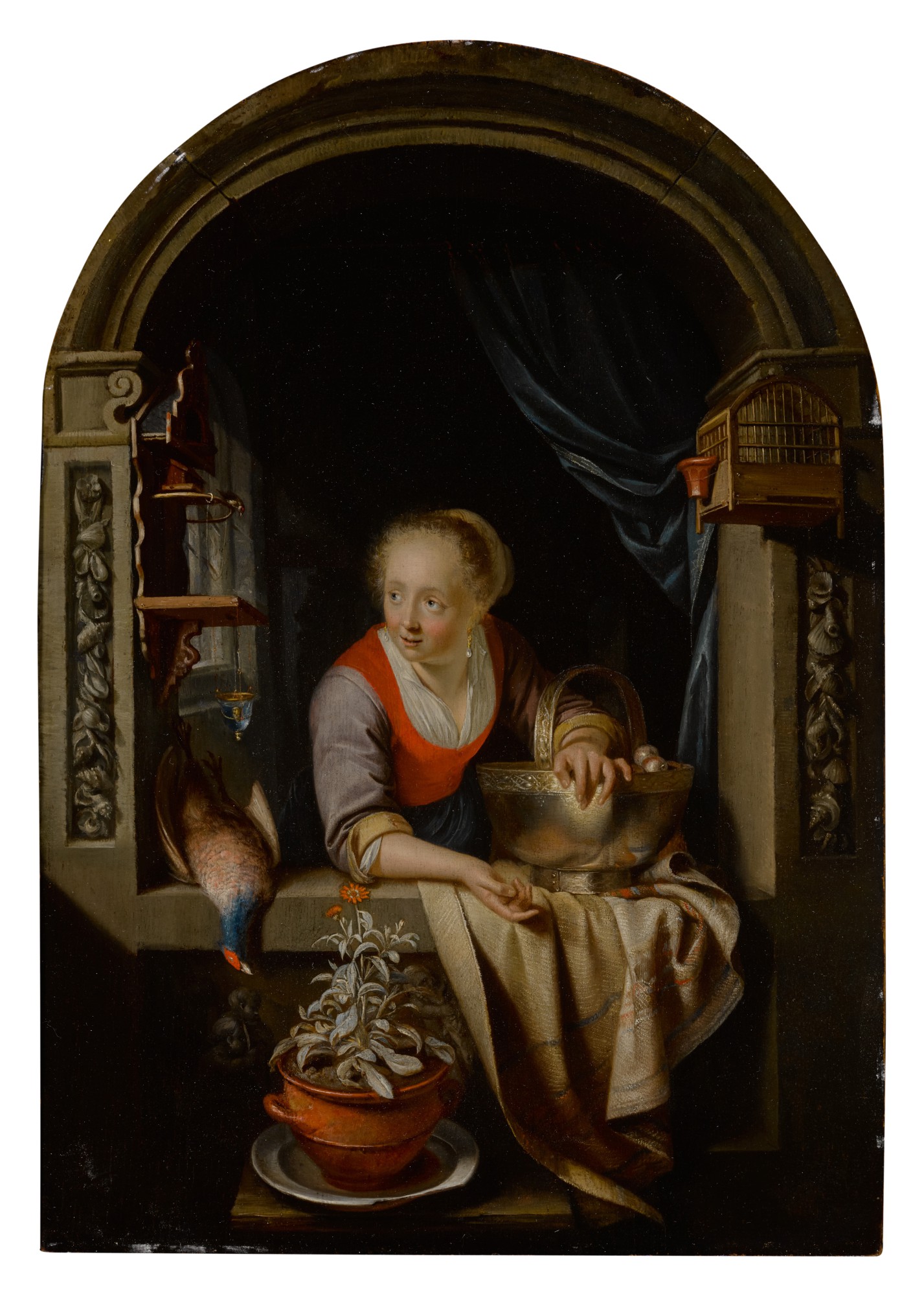 Follower of Gerrit Dou — Young woman at a window with a bowl of apples, a cock pheasant, and a goldfinch feeder