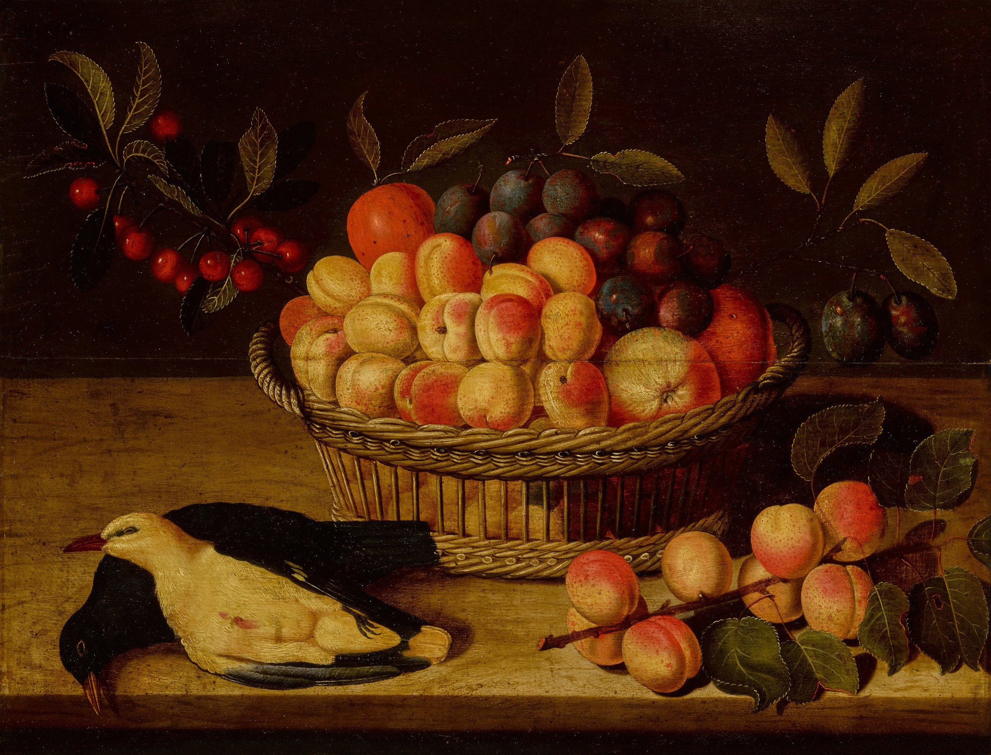 Paul Dorival — Still life with a basket of peaches, plums and cherries and two dead pigeons