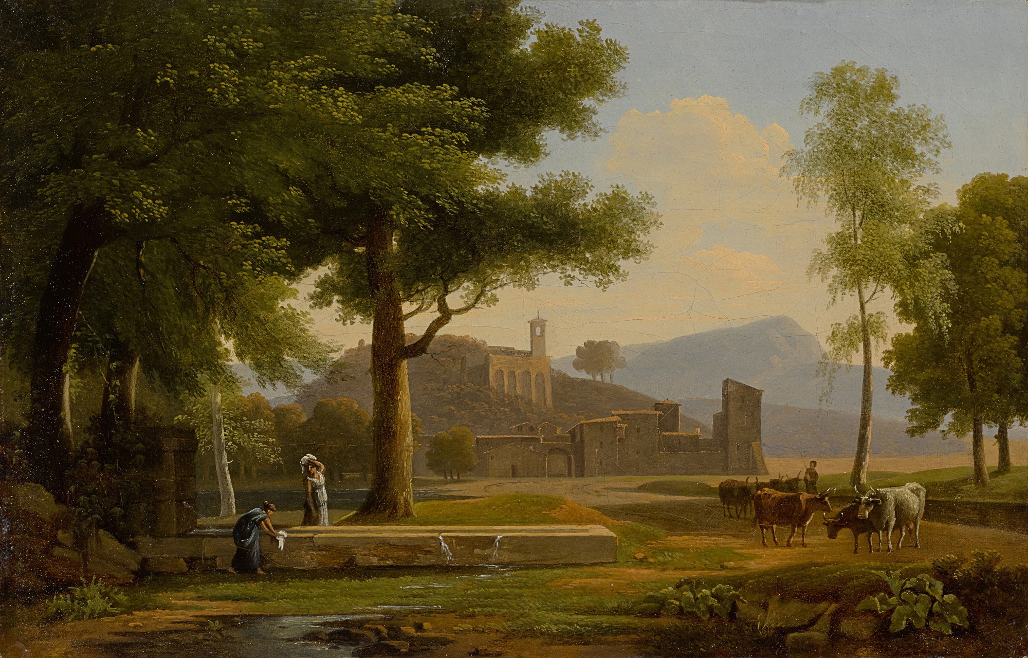 Jean-Victor Bertin — Italian landscape with cows and figures at a well in the foreground, a church tower on a hill beyond