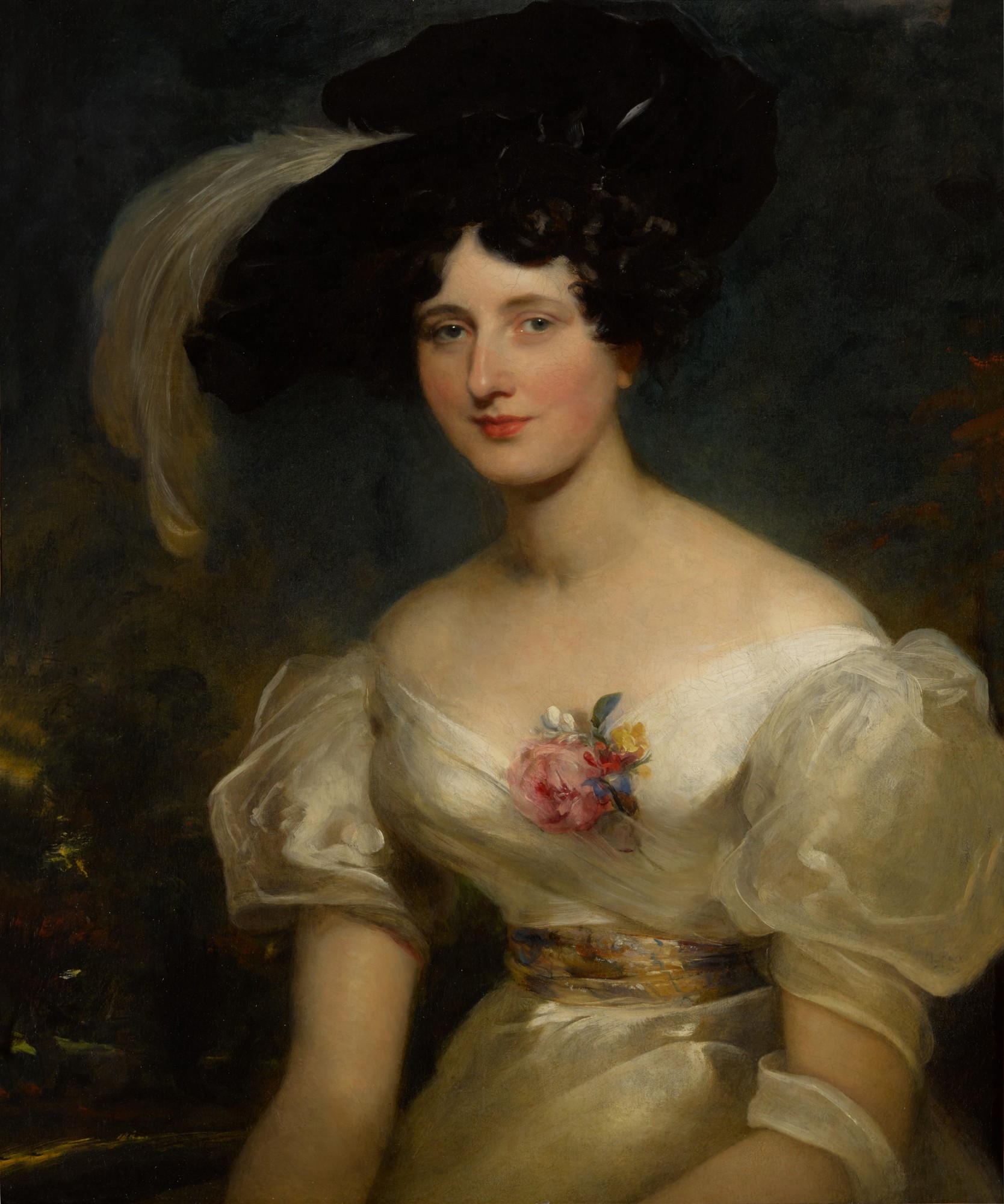Sir Thomas Lawrence — Portrait of Mrs. Hart Davis, half length, in a white gown with a gold sash and a black velvet hat