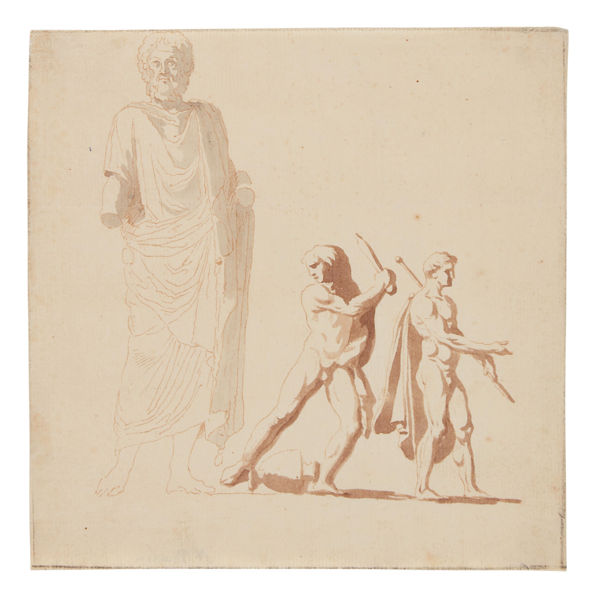 Follower of Nicolas Poussin — A male statue and two nude men