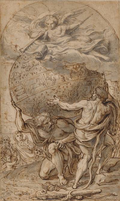 Atlas supporting the celestial globe with Hercules on the right