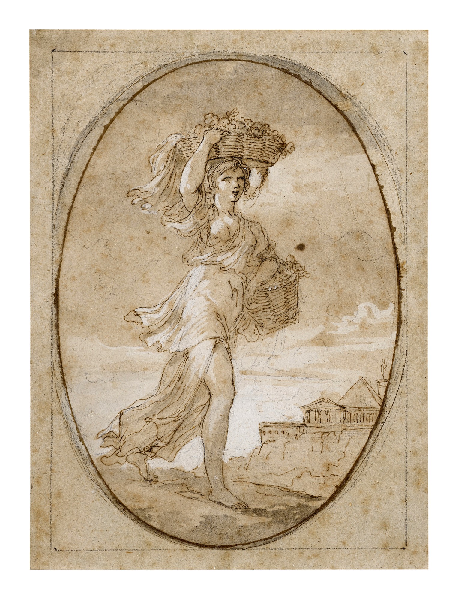 Recto: A woman carrying two baskets of flowers (Flora?) Verso: Partial study of a male torso