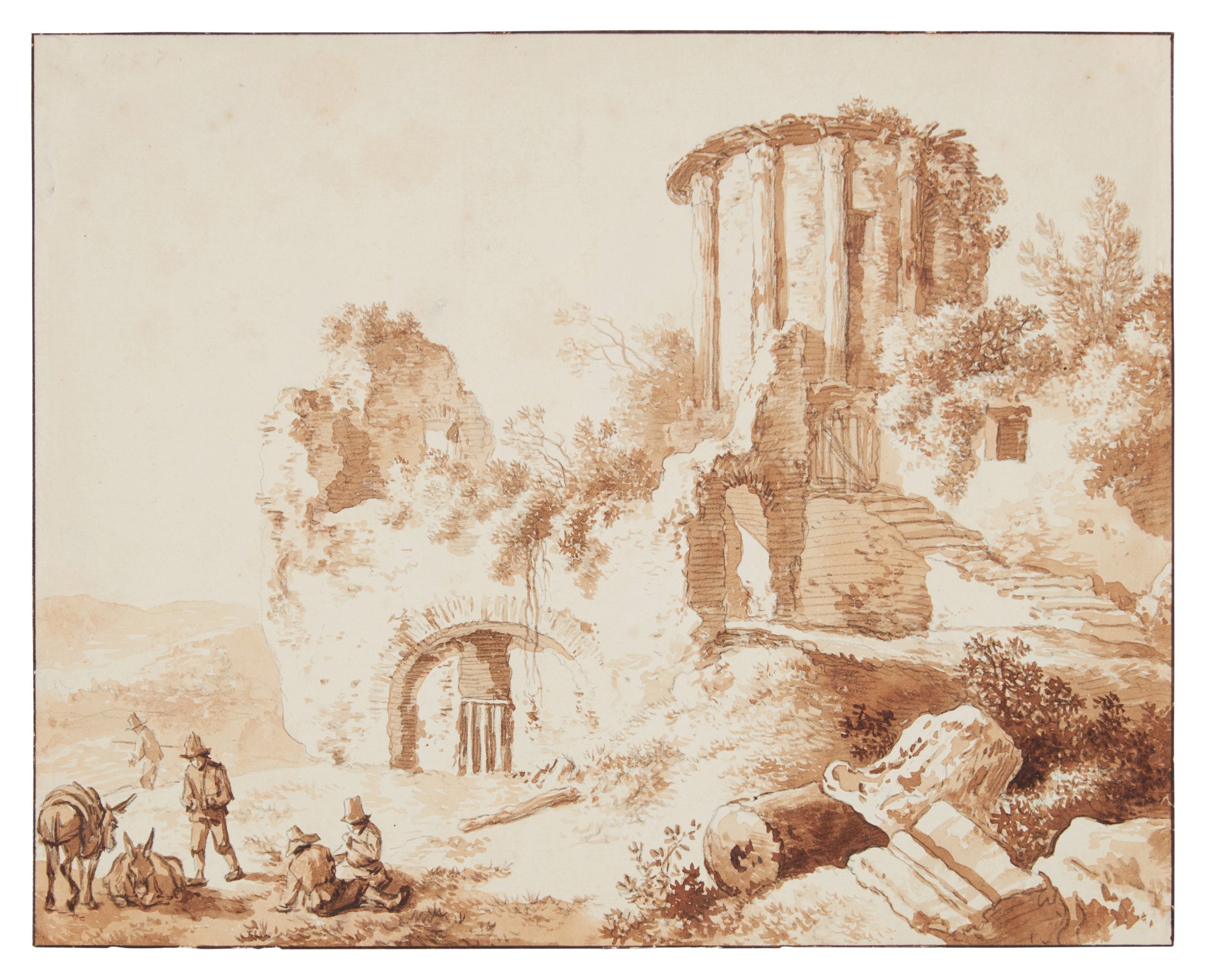 Attributed to Christian Wilhelm Ernst Dietrich — A pastoral scene with classical ruins and figures in the foreground