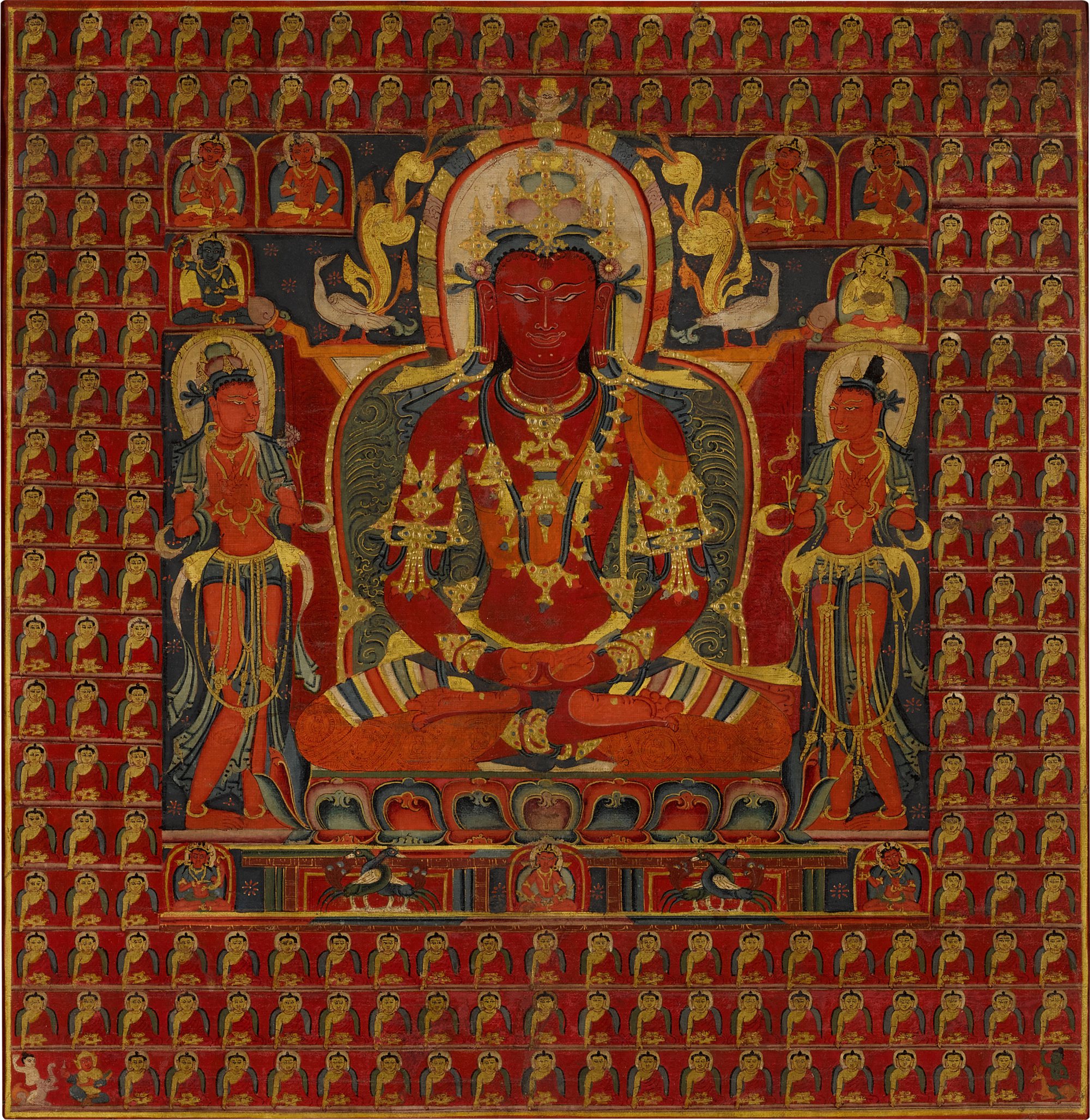 A thangka of Amitabha with myriad Buddhas — 藏中 十四世紀 阿彌陀佛及萬佛唐卡