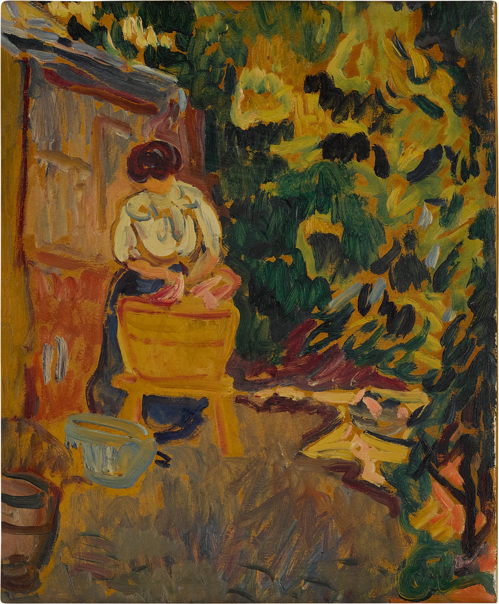 Une Femme faisant sa lessive dans un Jardin