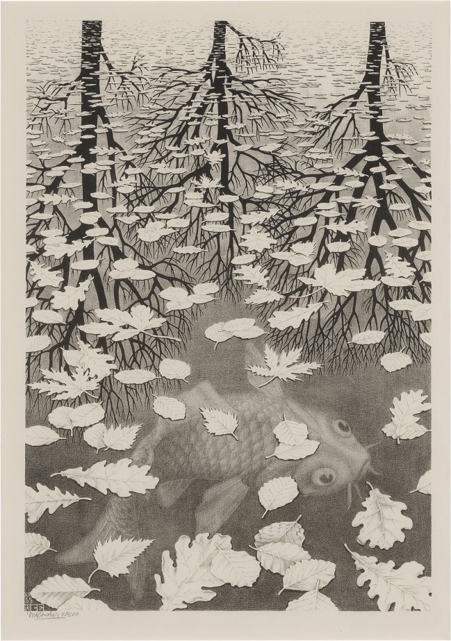 M. C. Escher — Three Worlds (Bool 405)