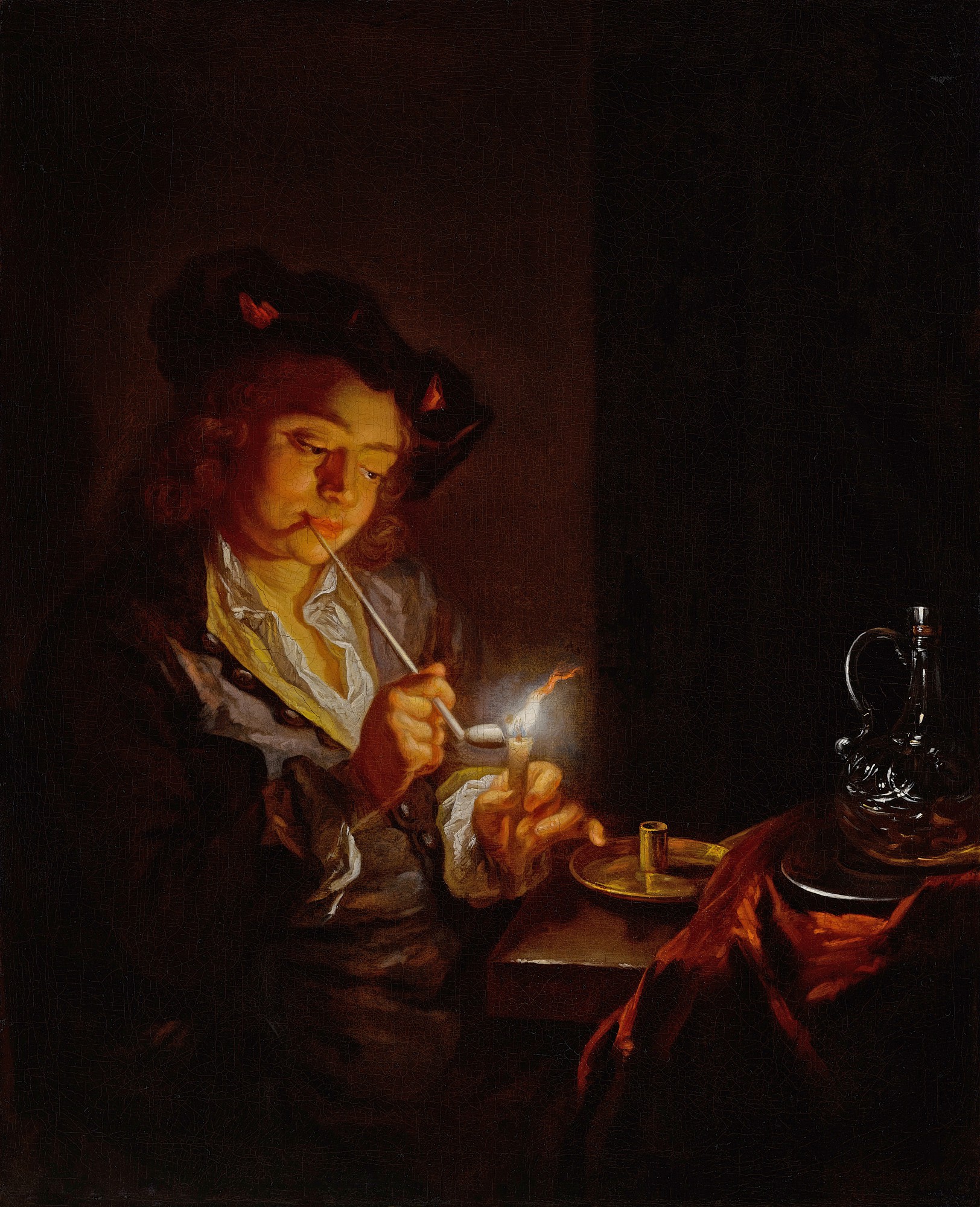 Arnold Boonen — Candlelit interior with a young man seated at a table, lighting his pipe