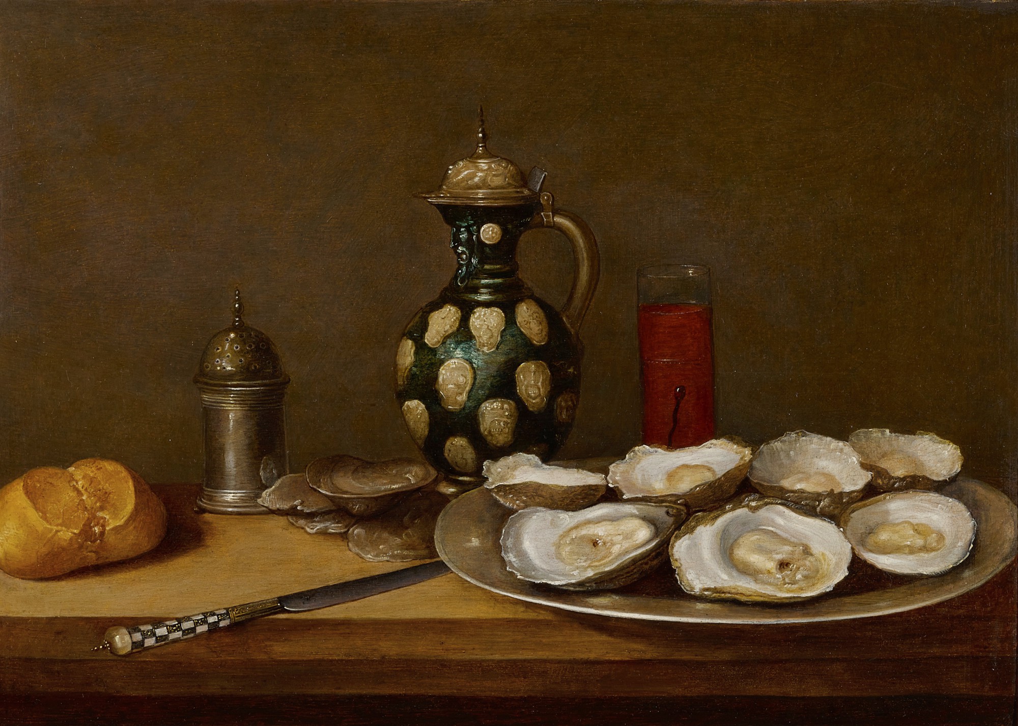 Alexander Adriaenssen — Still Life with oysters, bread, a knife, drinking vessels and a caster