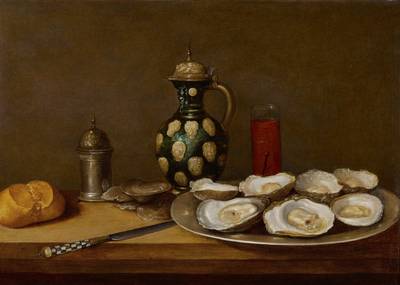 Still Life with oysters, bread, a knife, drinking vessels and a caster