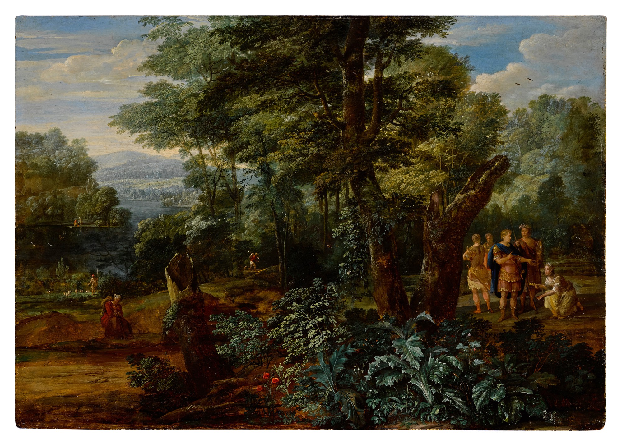 Eglon Hendrick van der Neer — A wooded river landscape with Semiramis receiving the crown from Ninus, the King of Assyria