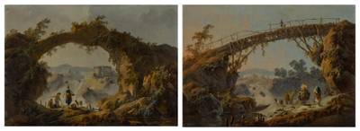 A landscape with shepherds beneath an imaginary stone arch; A landscape with travelers beneath an old wooden bridge