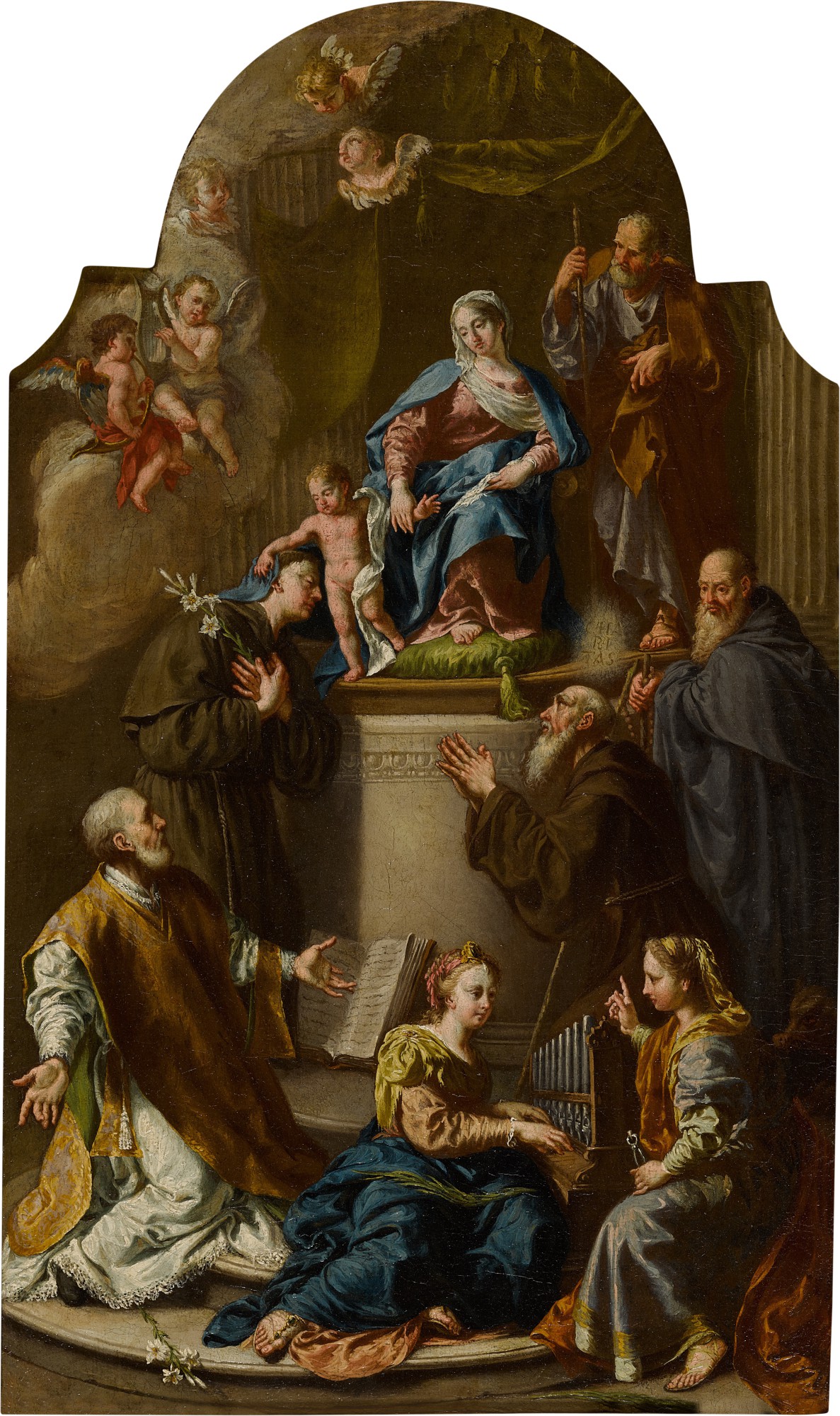 Anton Kern — Holy Family with a Deacon, Saints Anthony of Padua, Cecilia, Francis of Paola, Apollonia, and Anthony Abbott, with Two Musical Angels and Three Seraphs
