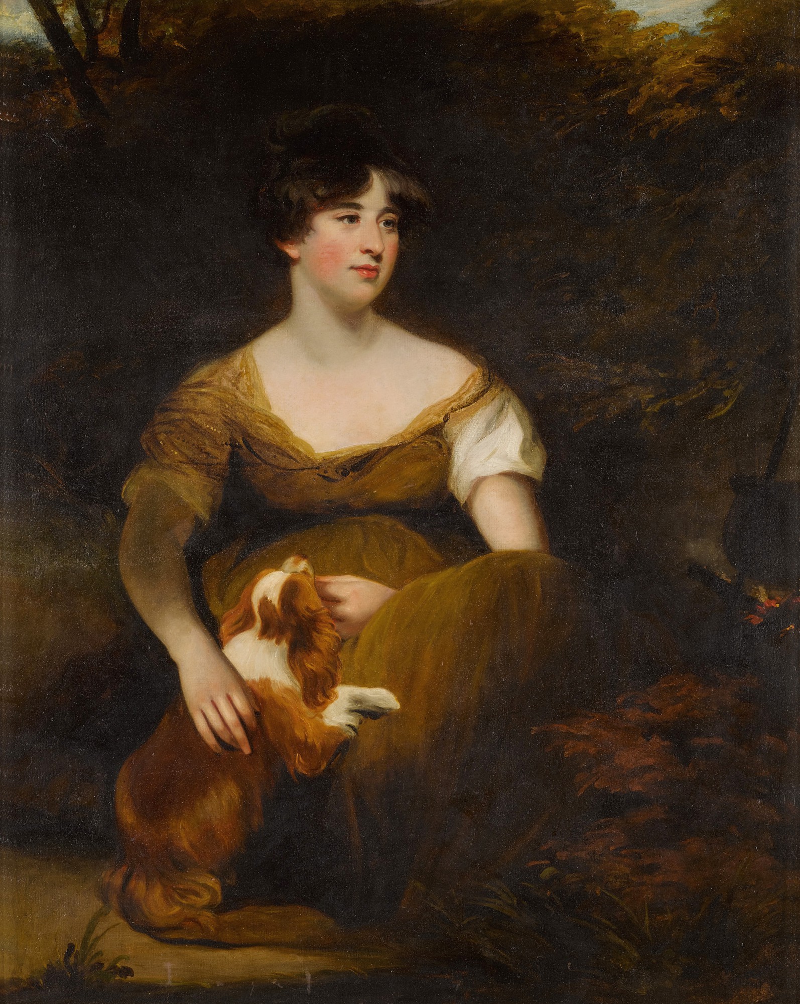 John Hoppner — Portrait of the Hon. Miss Emma (Crewe) Cunliffe seated with her Cavalier King Charles Spaniel, in a landscape with a kettle with burning embers at right
