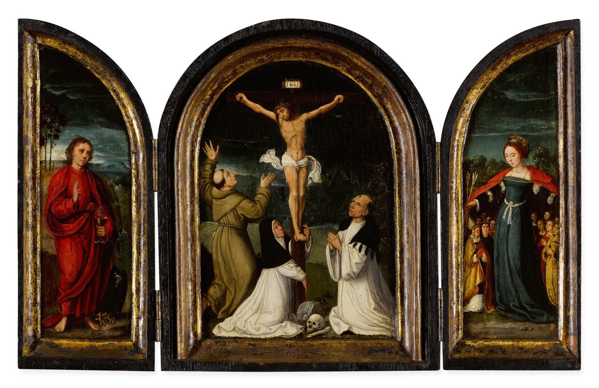 Flemish School, first quarter of the 16th century — Triptych with the Crucifixion and Saints John the Evangelist, Francis of Assisi, Ursula, Nicholas[?], Barbara, and religious donors