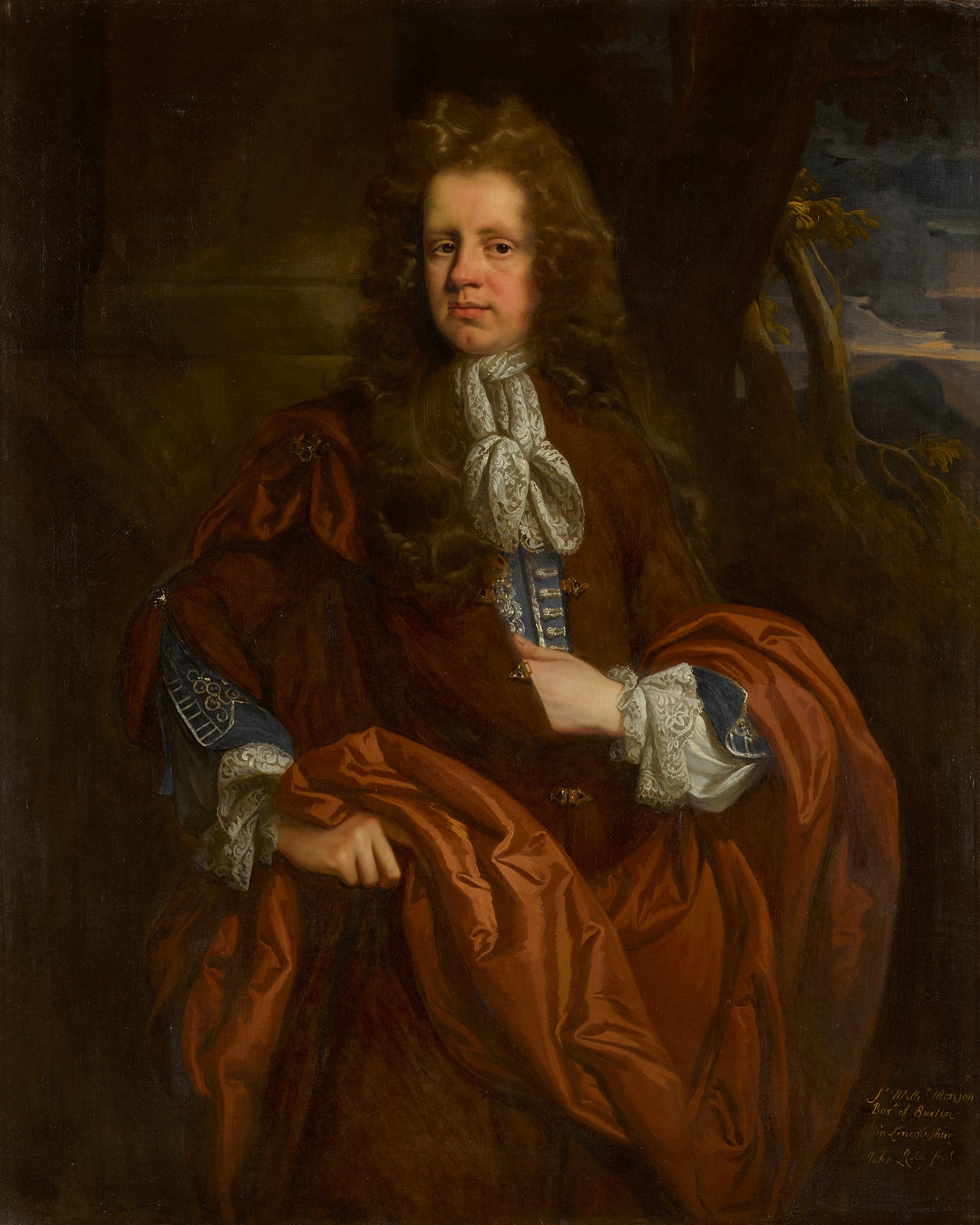John Riley — Portrait of Sir William Monson, 4th Bt. (c. 1653-1727), three-quarter-length, before a column, a landscape beyond