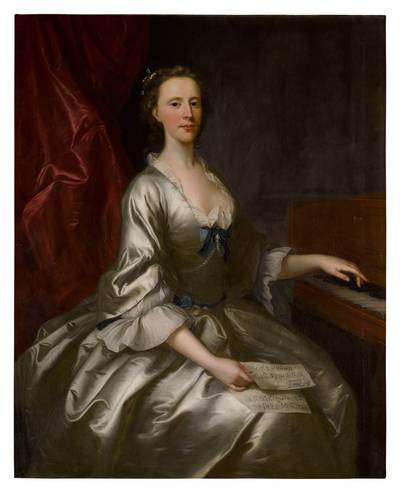Portrait of a lady, three-quarter length, seated at a harpsichord, holding a sheet of music