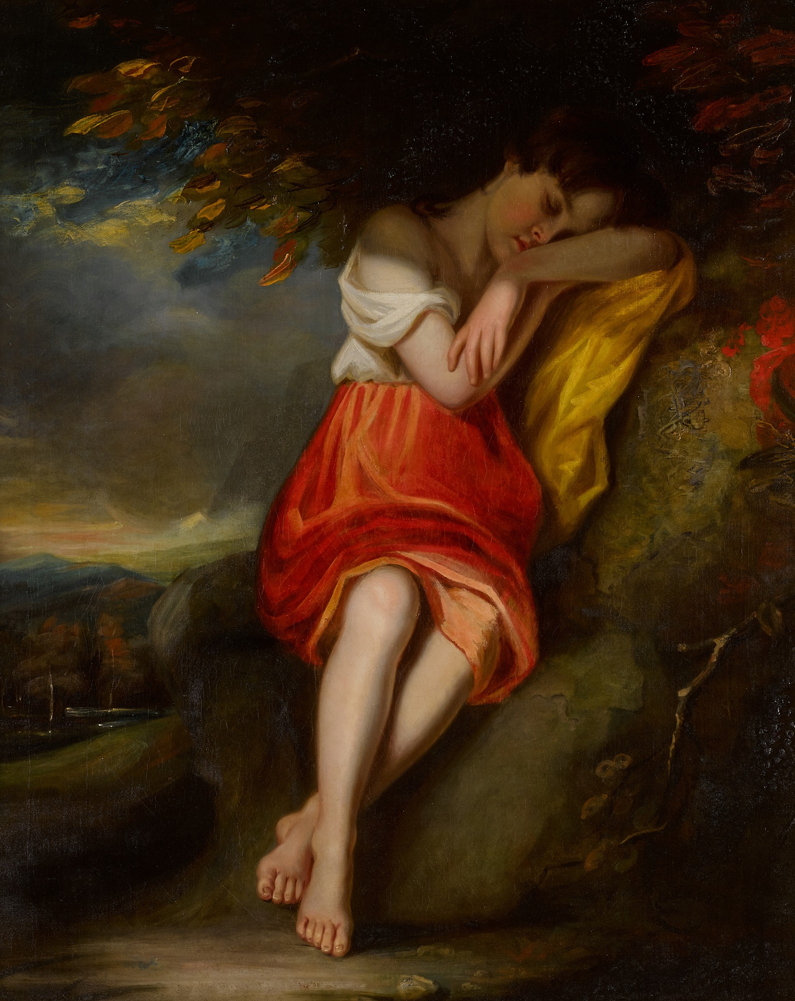 John Opie — A girl slumbering under a tree in a landscape