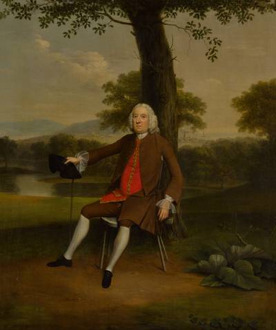 Portrait of a gentleman in a red waistcoat, his hat and cane in his hand, before a riverbank