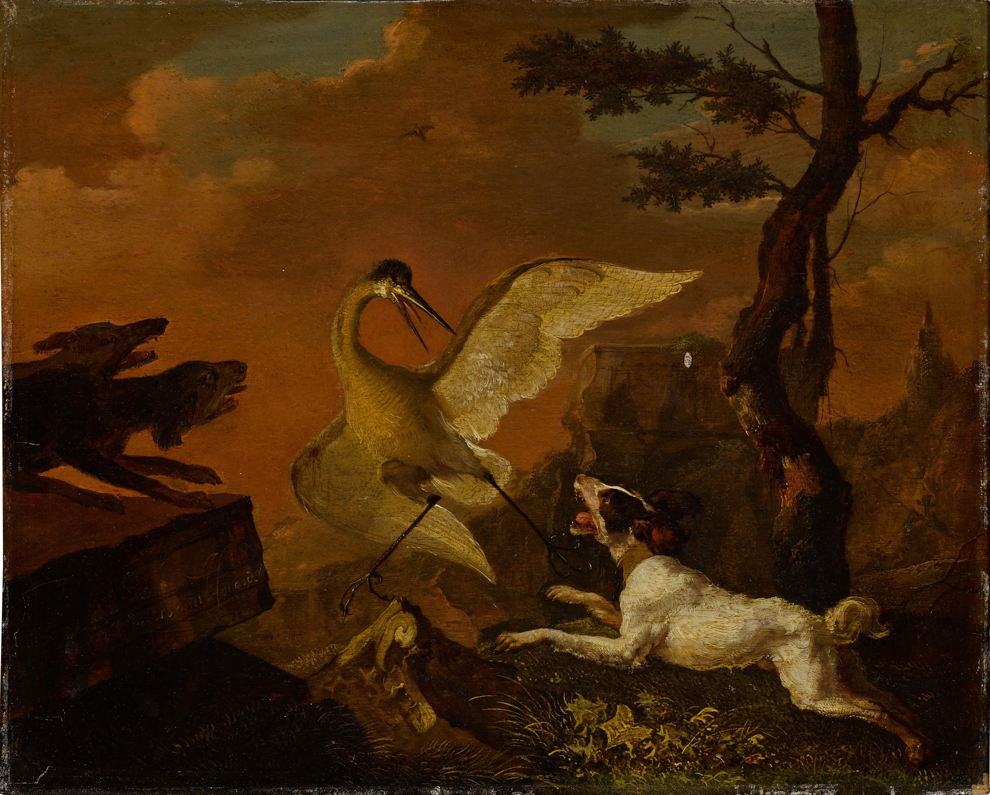 Abraham Danielsz. Hondius — Dogs hunting a heron