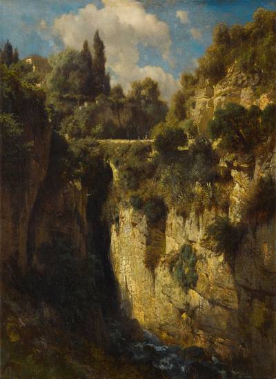 A Mountainous Landscape with a Waterfall