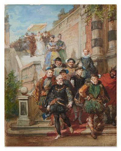 A Royal Procession Descending a Stairway in a Garden