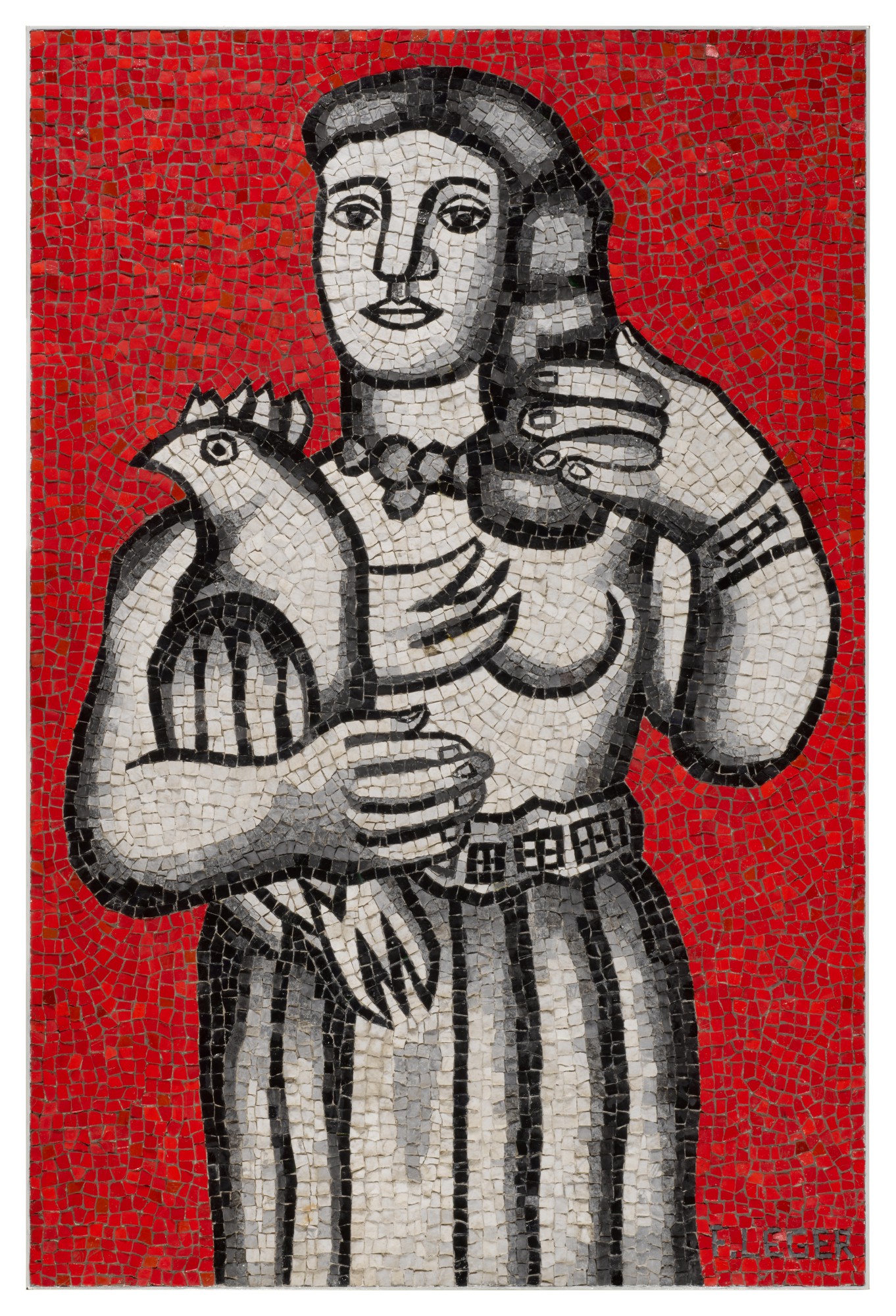 Femme à l'oiseau sur fond rouge