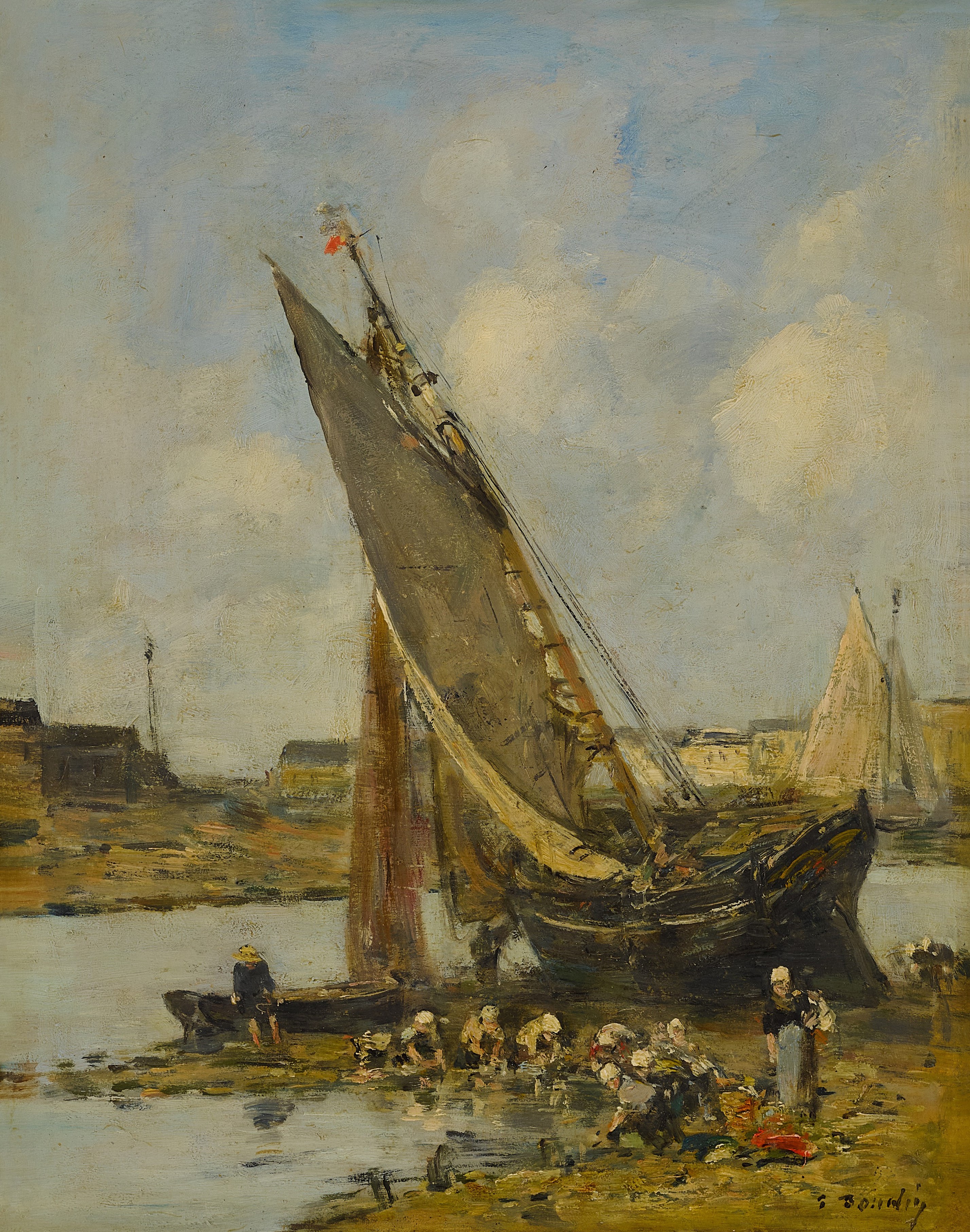 Eugène Boudin — Laveuses près d'un bateau échoué le long du port de Trouville, marée basse