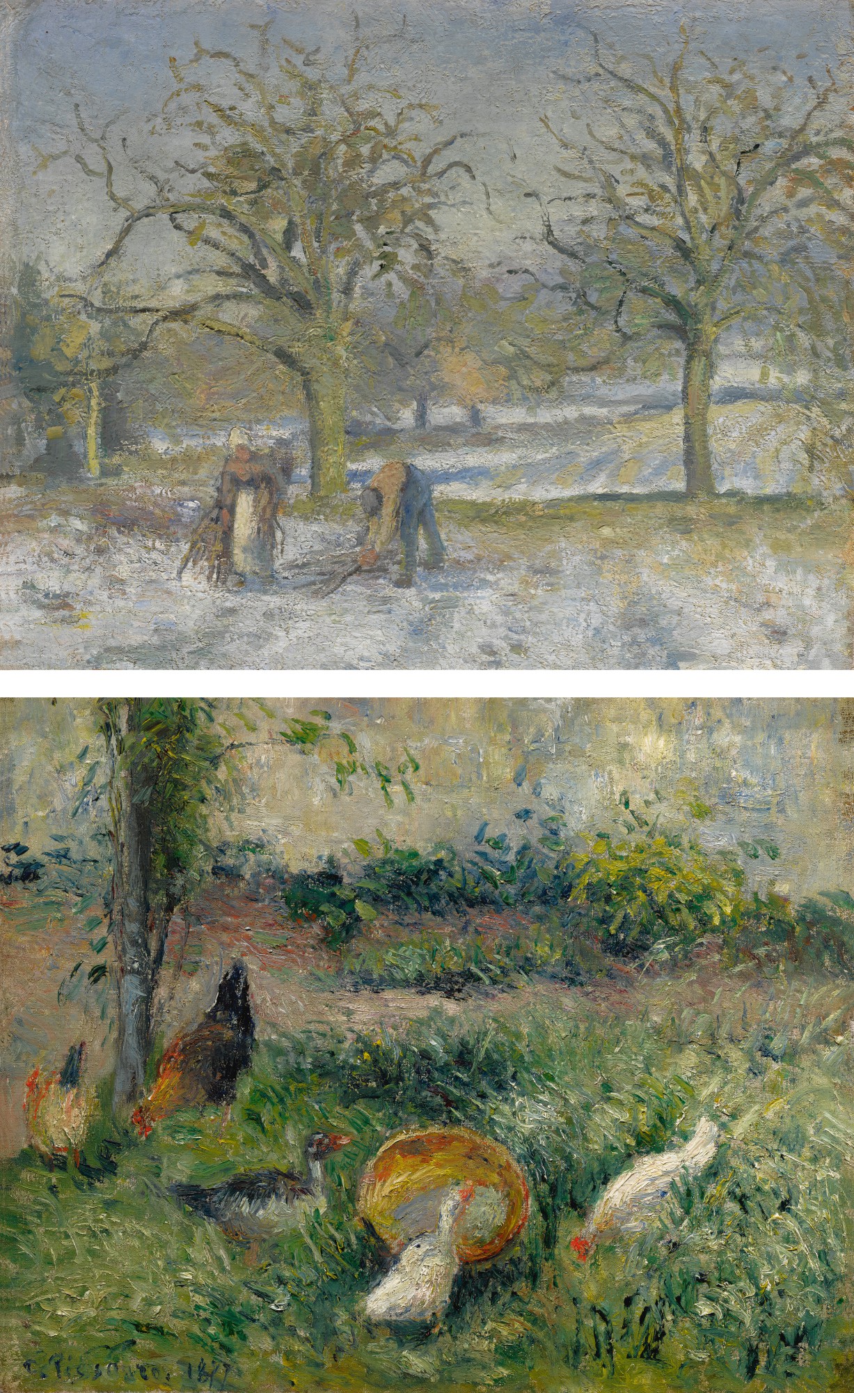 Camille Pissarro — Paysage d'hiver (I) & Basse-cour avec poules et canards, la maison rouge, Pontoise (II)