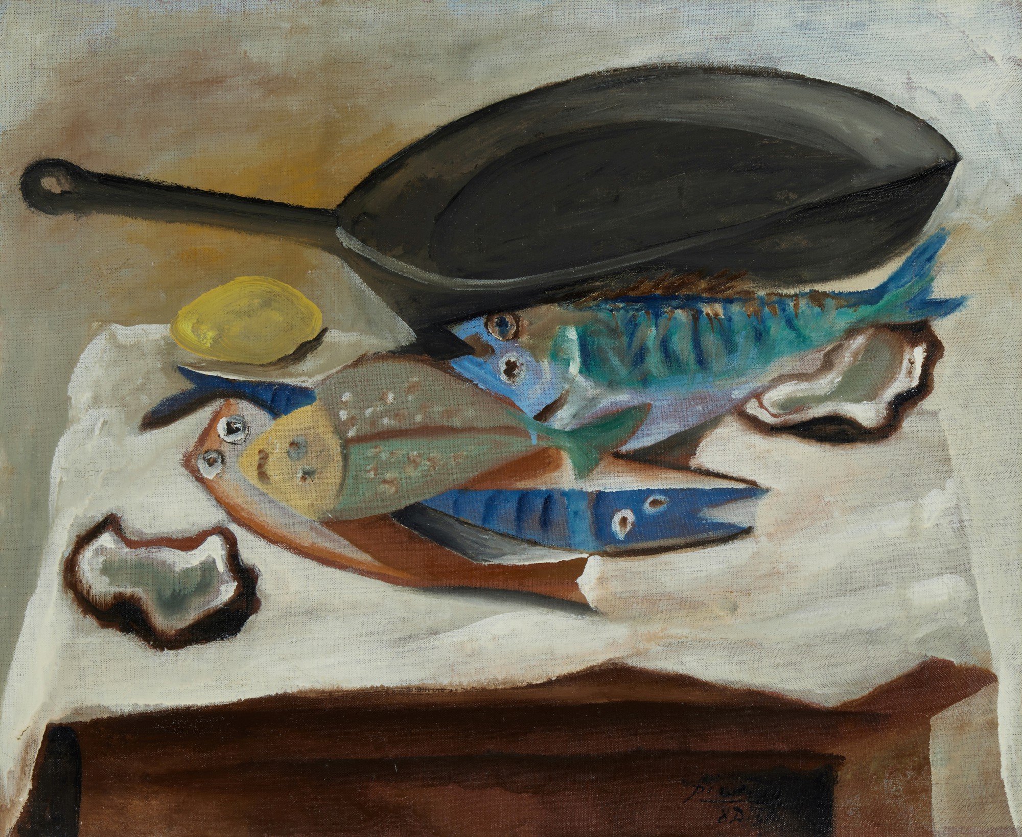 Unknown — Nature morte. Poissons et poêle