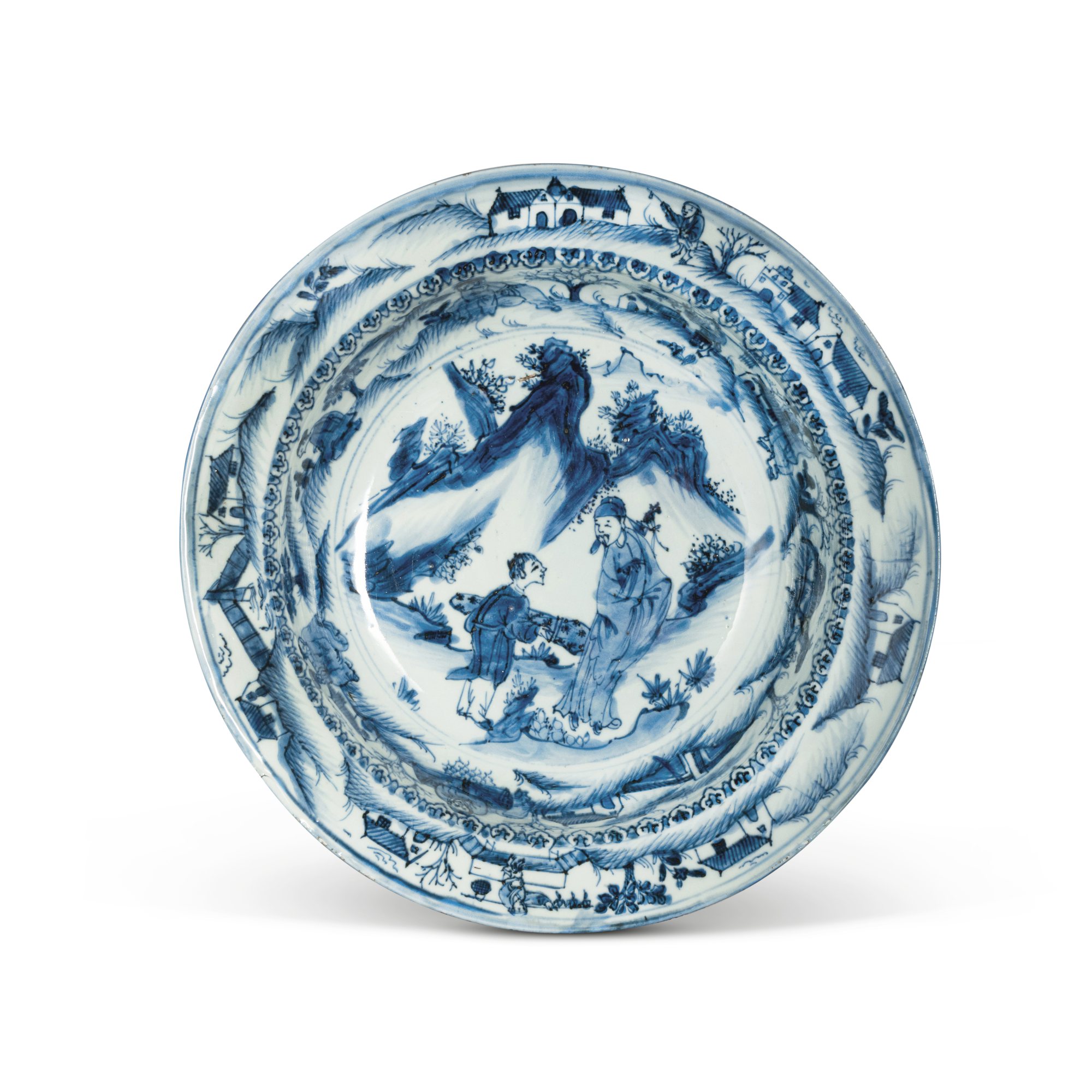 A blue and white 'figural' basin — 明崇禎 青花攜琴訪友圖折沿盆