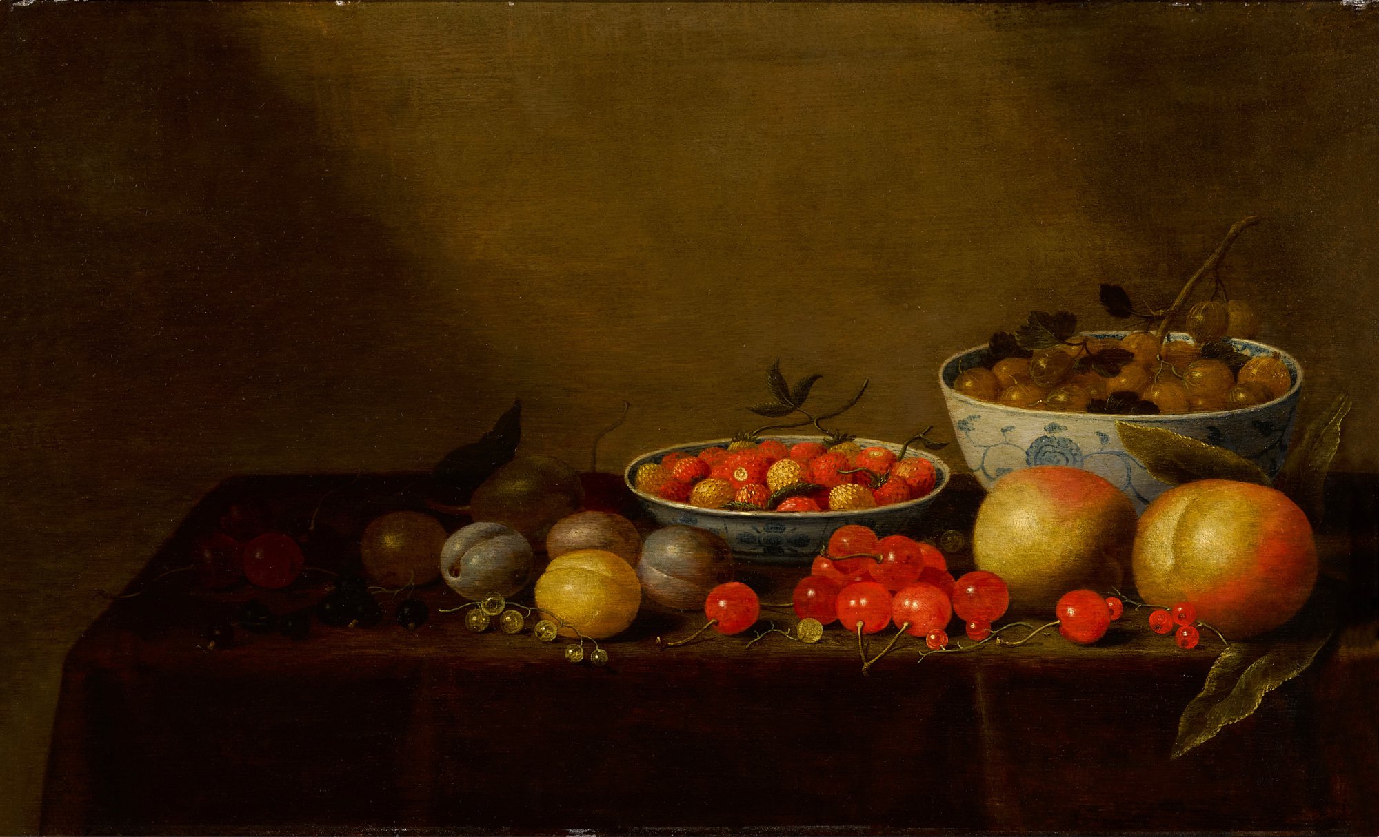 Unknown — Still life of assorted fruit with two blue-and-white porcelain bowls