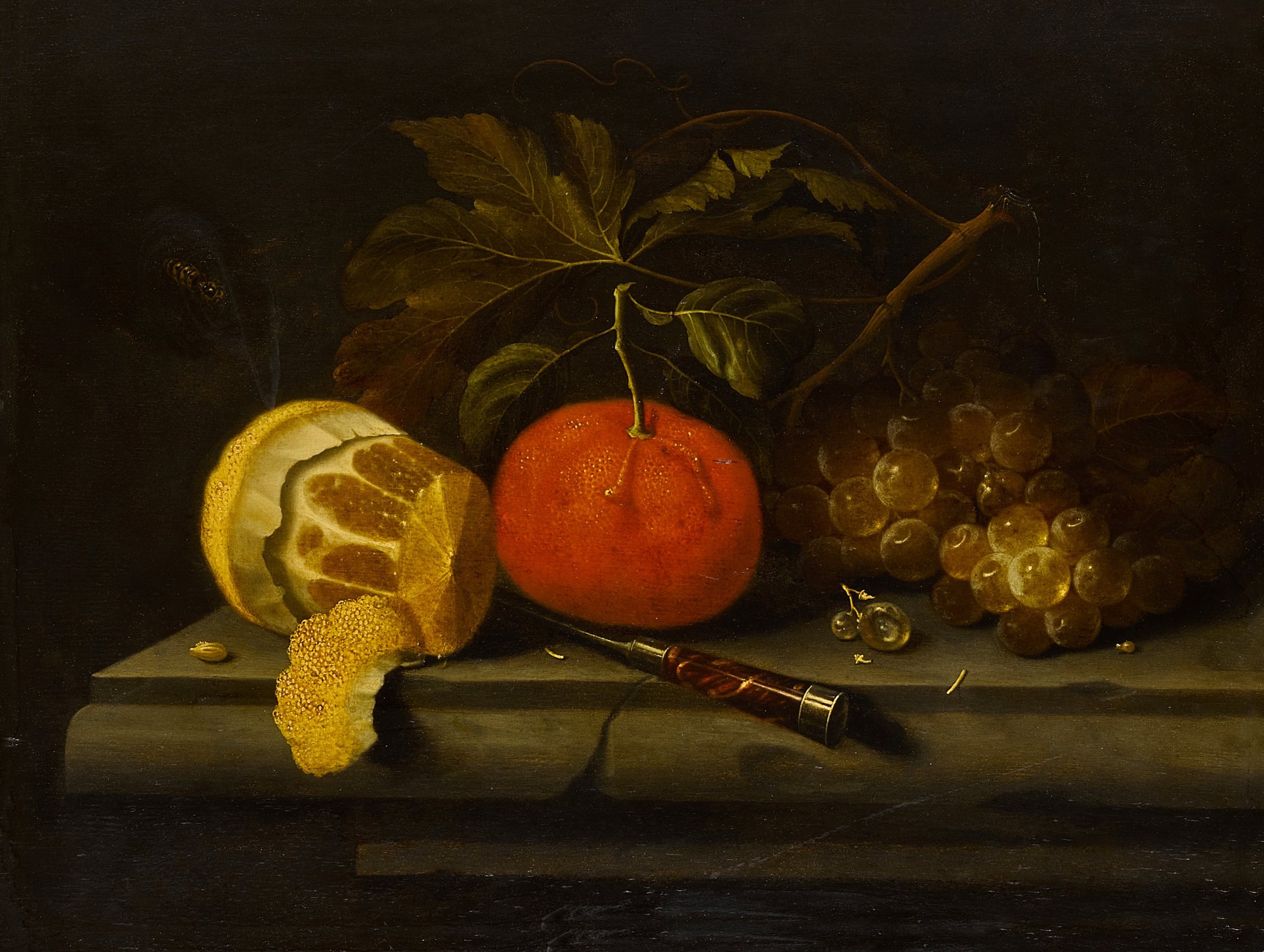 Unknown — Still life with an orange, grapes and a peeled lemon on a stone ledge