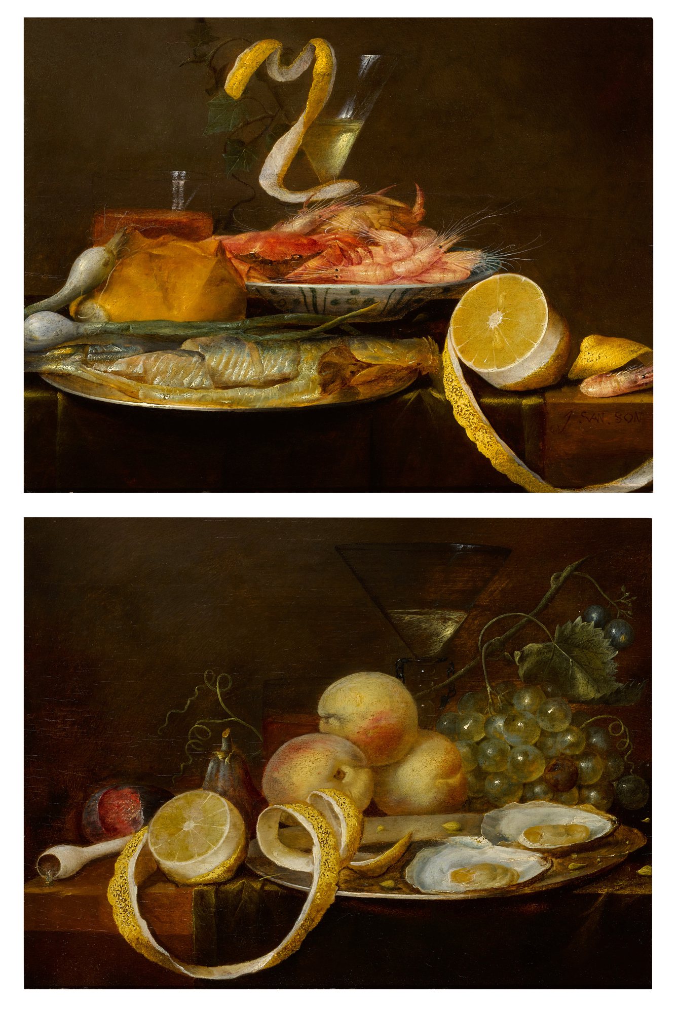 Unknown — Tabletop still life, including a herring on a pewter dish, a porcelain bowl of shrimp, a wine glass, and a partially-peeled lemon; Tabletop still life, including two oysters on a pewter dish, a wine glass, a partially-peeled lemon, and an assortment of fruit