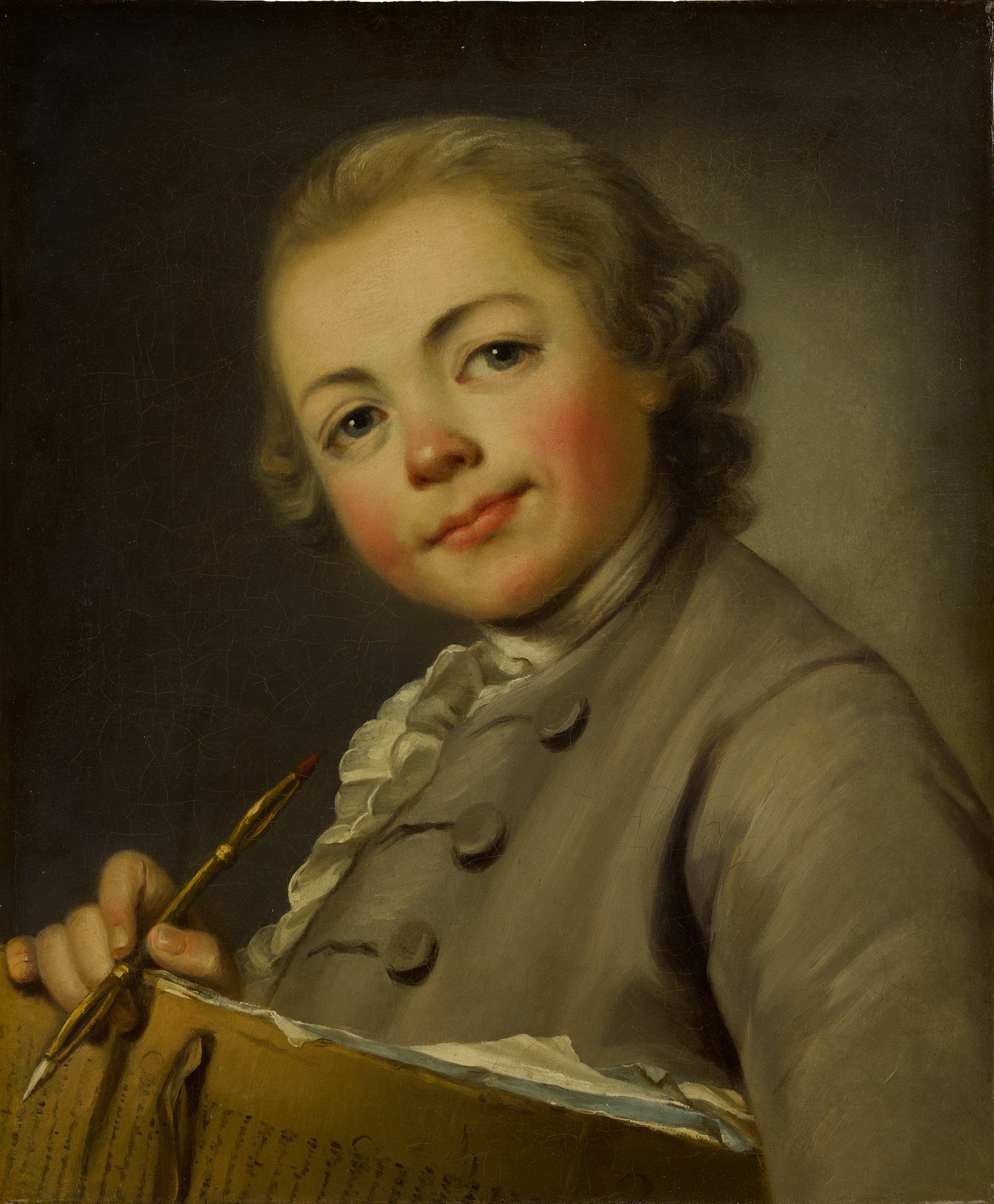 Nicolas-Bernard Lépicié — Portrait of a youth, said to be Louis Berthier-Bizy, carrying a drawings portfolio and a porte-crayon