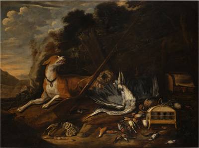 Hunting scene with a hound, a dead heron, feathered game, a birdcage, and a rifle