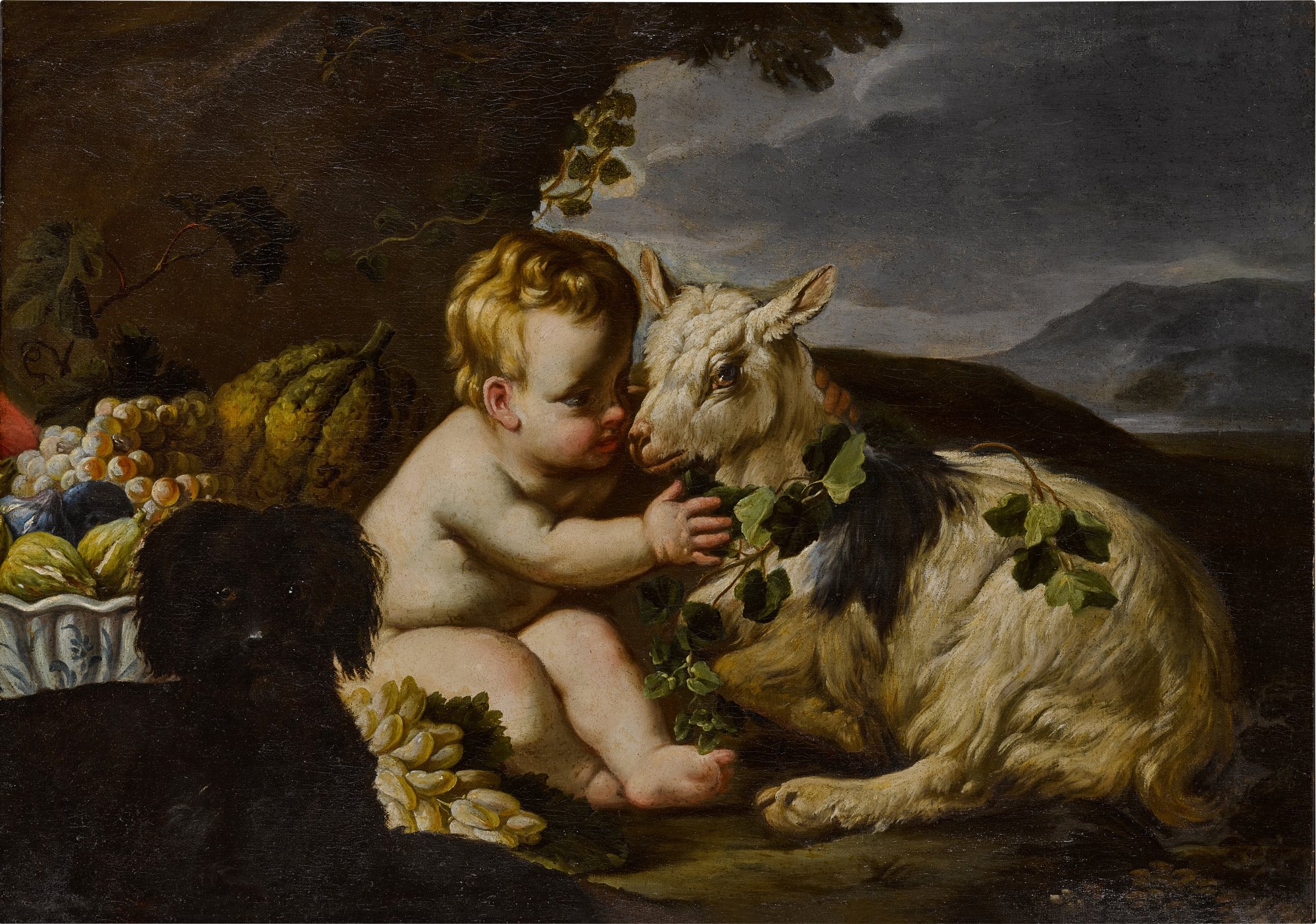 Circle of Philip Peter Roos, called Rosa da Tivoli — A young boy with a goat and a black dog in a landscape