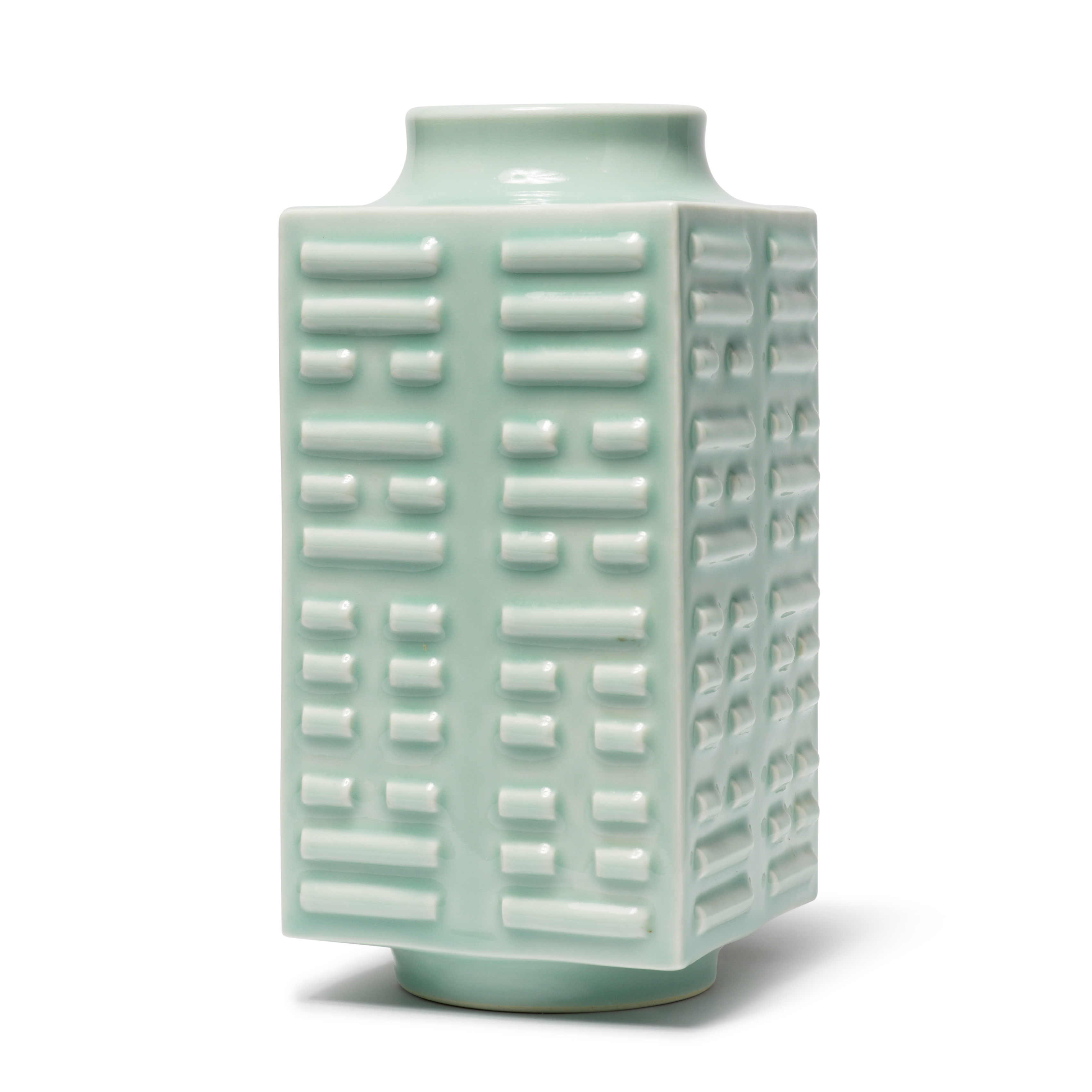 A celadon-glazed 'trigram' vase — 清宣統 粉青釉八卦紋琮式瓶 《大清宣統年製》款