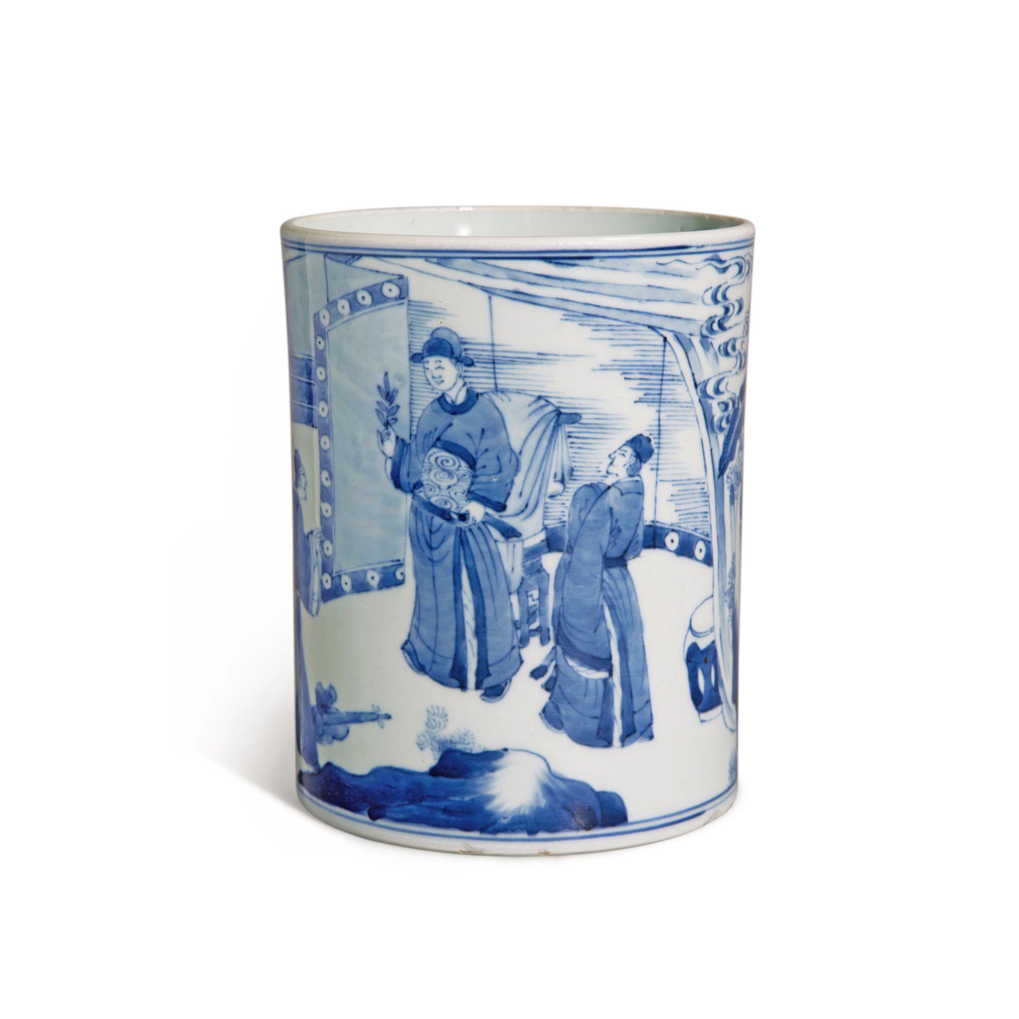 A blue and white 'figural' brushpot — 清康熙 青花人物故事圖筆筒