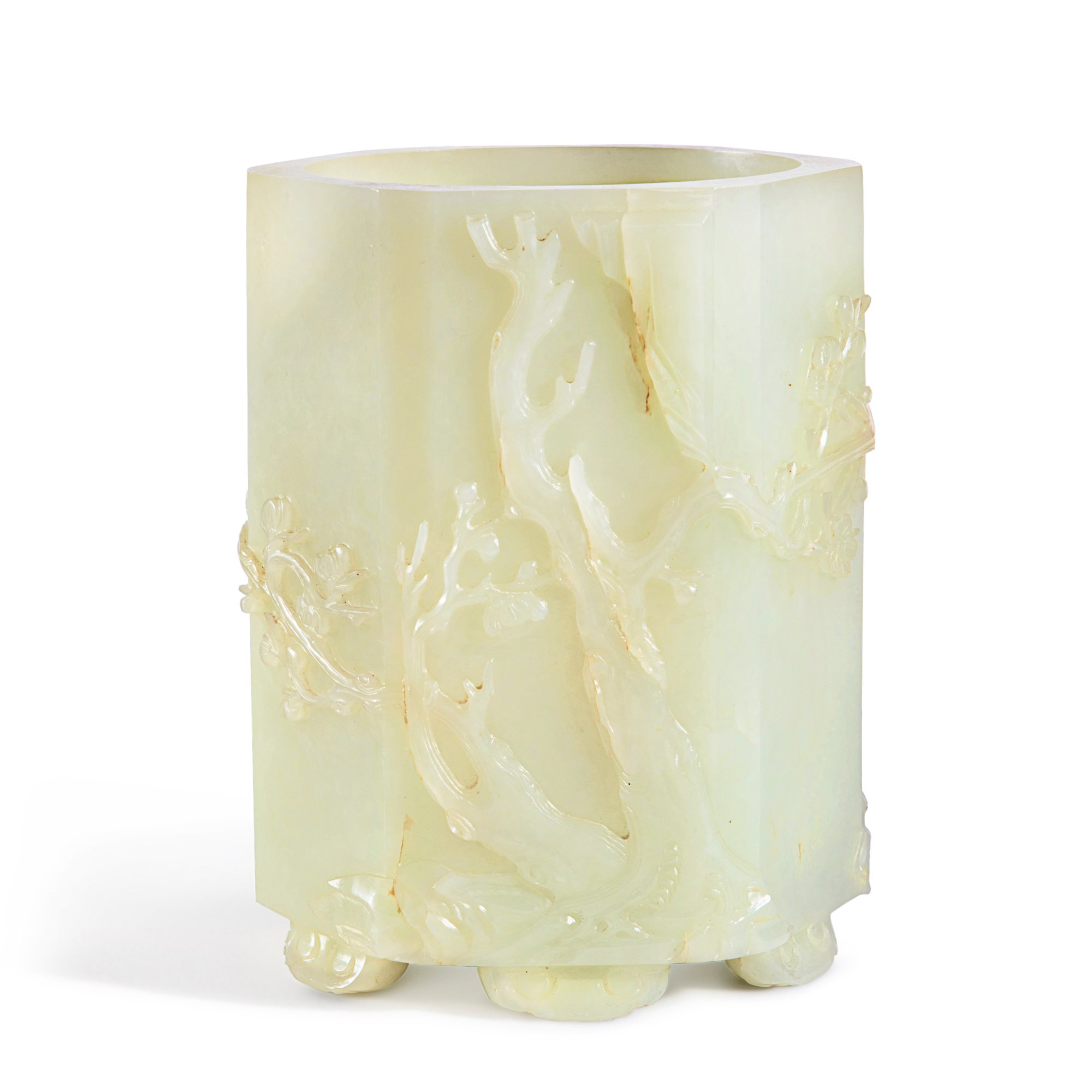 A white jade 'floral' hexagonal brushpot — 十九 / 二十世紀 白玉雕花卉紋六方筆筒