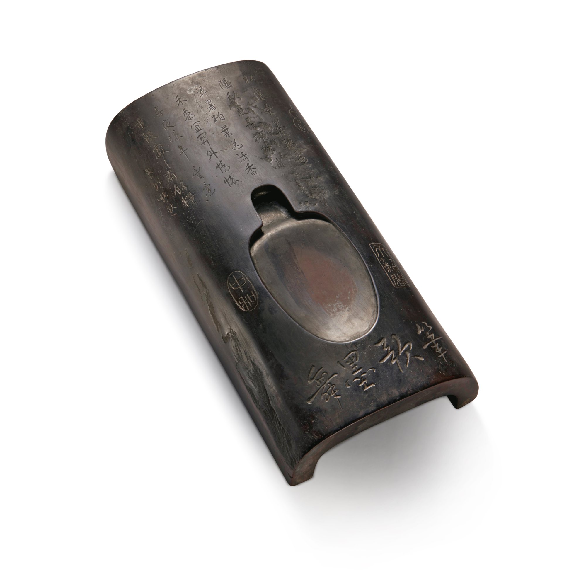 A large inscribed 'duan' inkstone — 詩文「筆歌墨舞」瓦形端硯