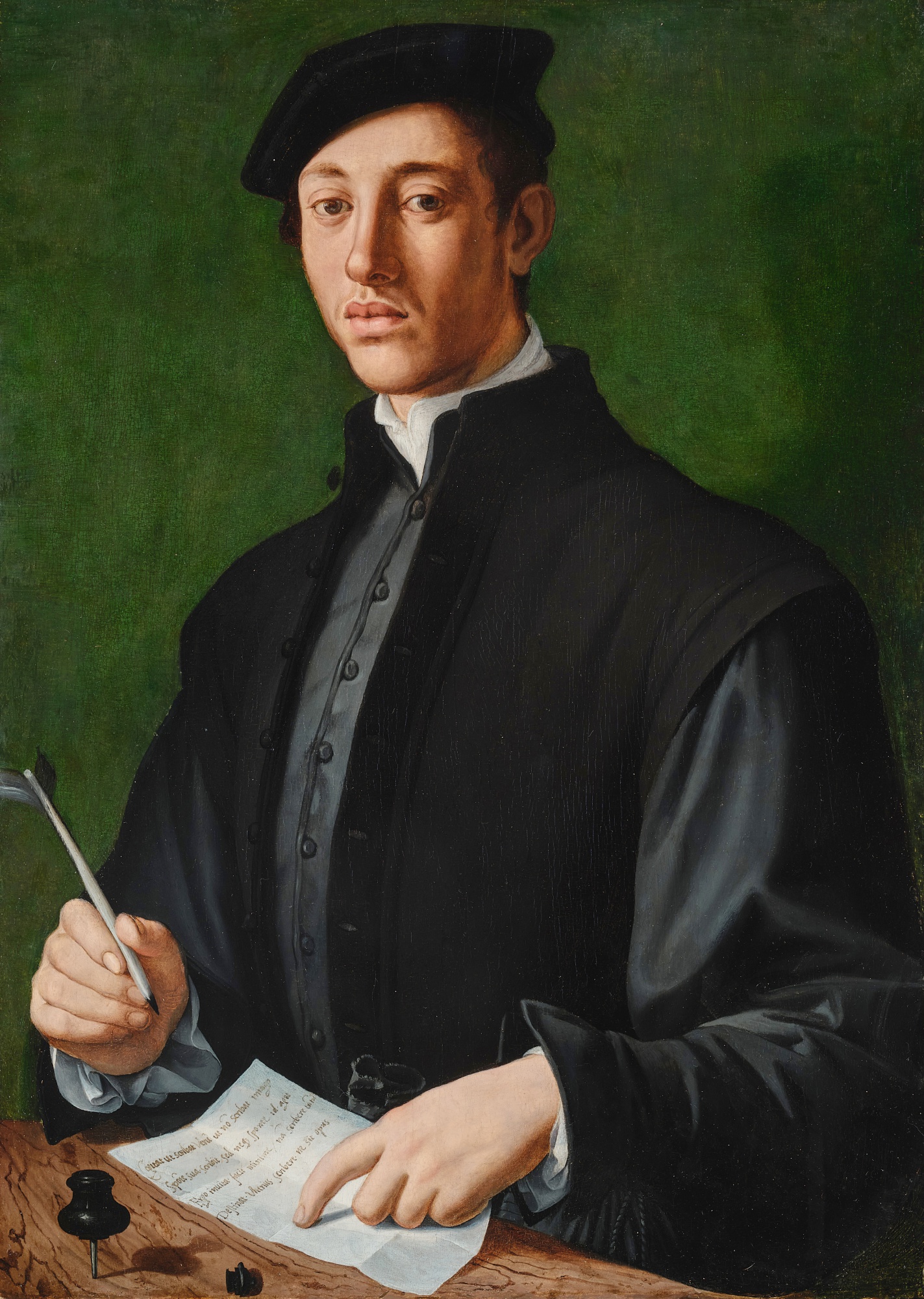 Unknown — Portrait of a young man with a quill and a sheet of paper, possibly a self-portrait of the artist