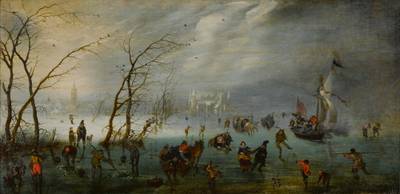 Winter landscape with skaters, eel catchers, kolf players, and other figures and sledges