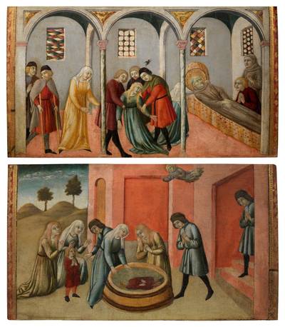 Saint Bernardino resuscitating Amico after drowning; The miraculous exorcism of a possessed woman
