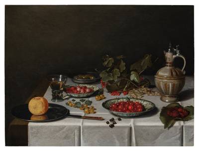 A Still Life with Cherries and Strawberries in Wanli Dishes, an Orange on a Pewter Plate with a Knife, Gooseberries, Red, White and Black Currants, Mulberries, a Berkemeier and a Stoneware Jug on a Table Covered with a White Tablecloth