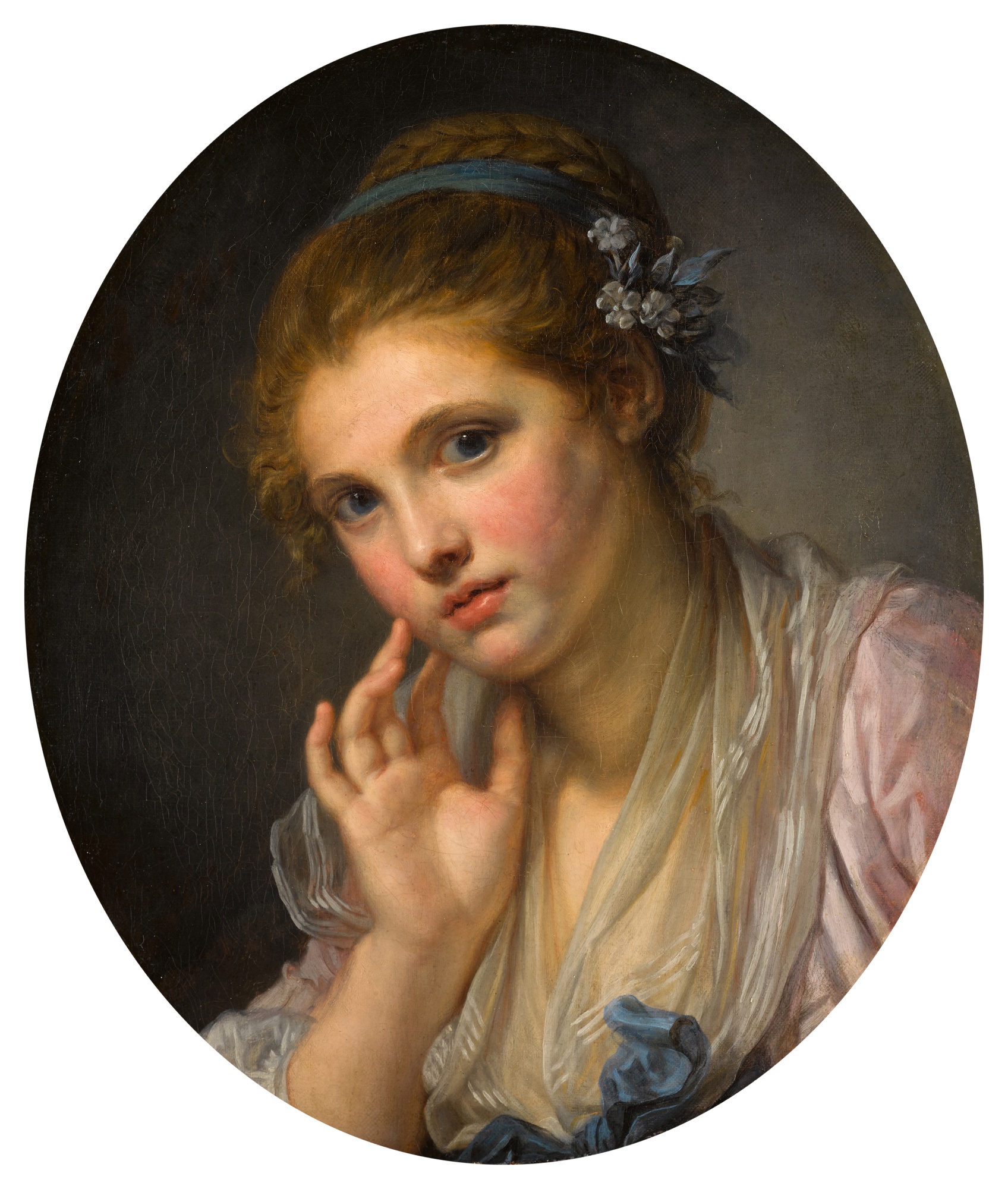 Jean-Baptiste Greuze — Portrait of a girl, bust-length, wearing a pink dress, diaphanous shawl and blue ribbon with flowers in her hair
