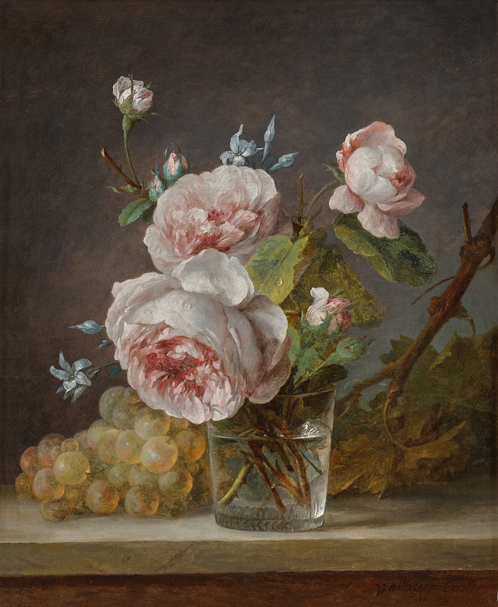 Anne Vallayer-Coster — Still life of roses in a glass vase, with grapes beside