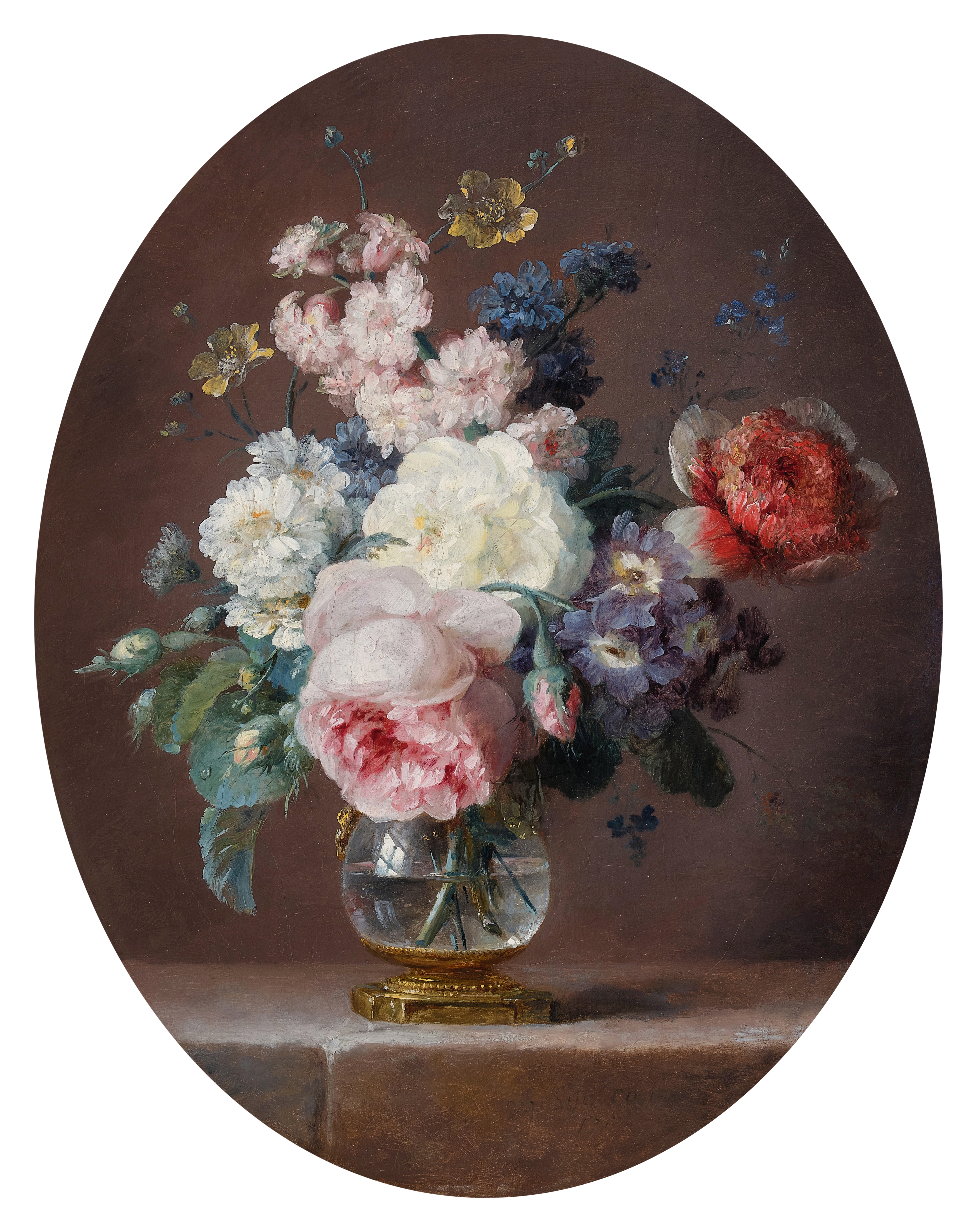 Anne Vallayer-Coster — Still life of flowers in a crystal vase on a ledge