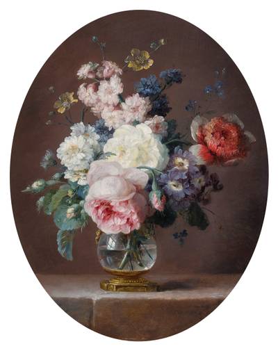 Still life of flowers in a crystal vase on a ledge