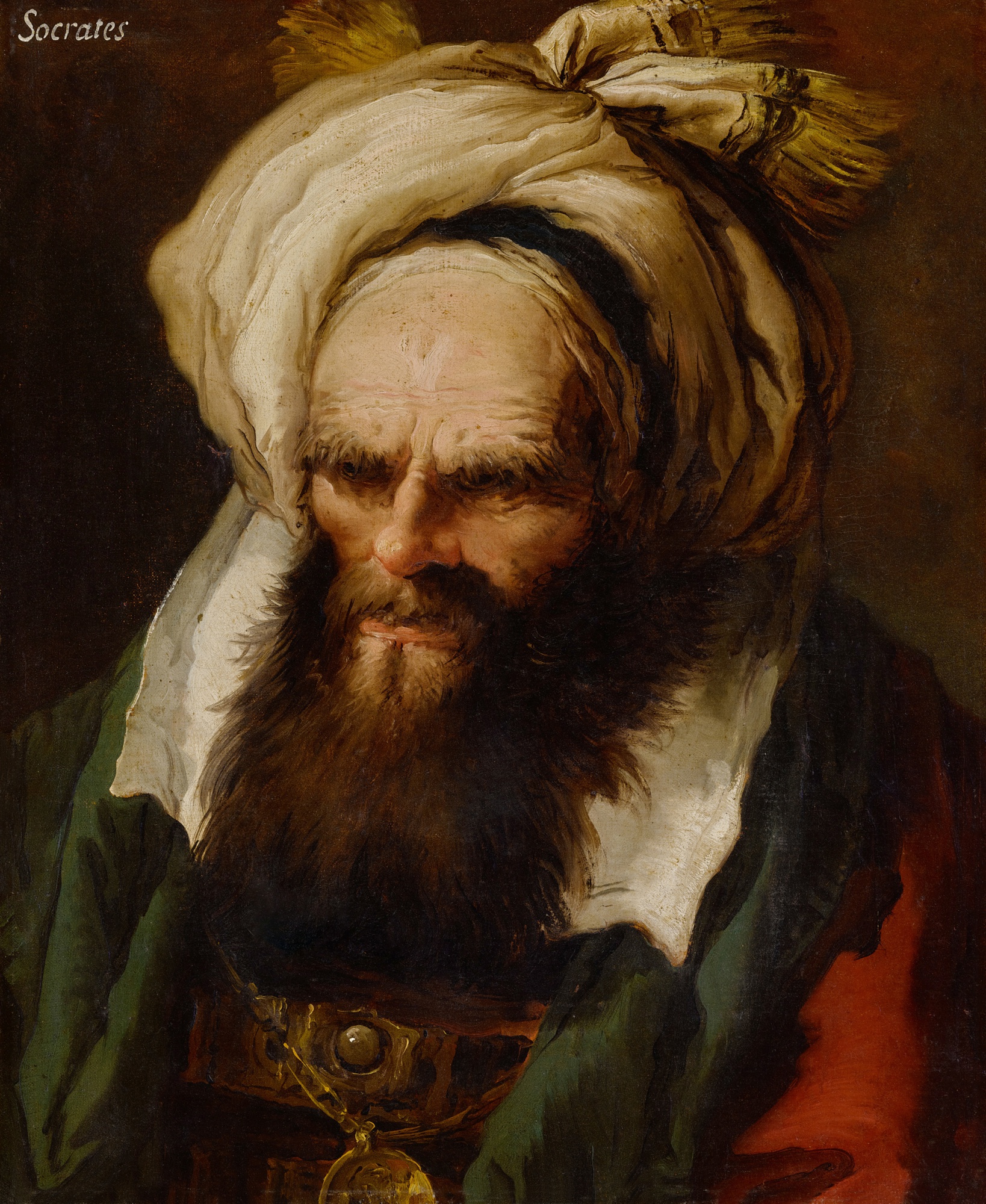 Head of a man in a green and red robe with a gold clasp and necklace